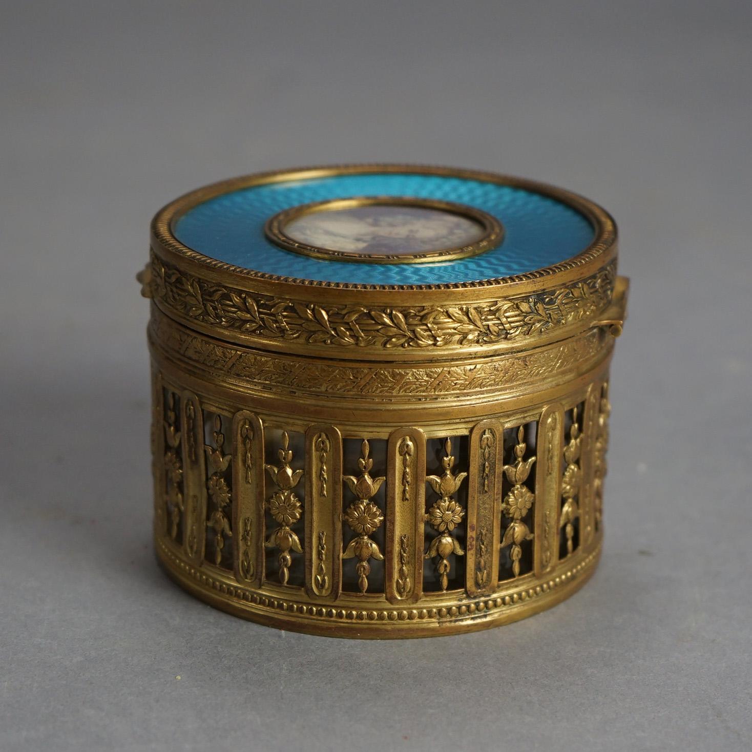 19th Century Antique French Gilt Brass & Guilloche Reticulated Portrait Powder Box, 19thC