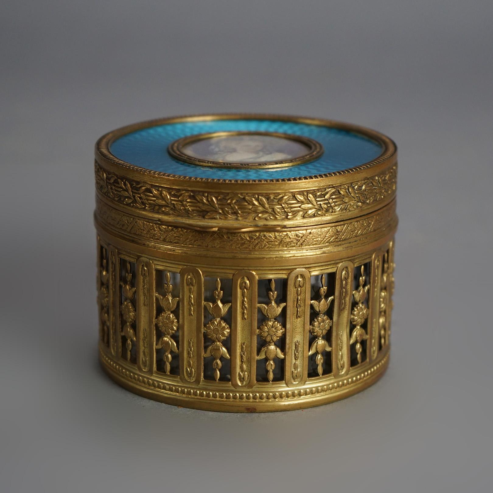 Antique French Gilt Brass & Guilloche Reticulated Portrait Powder Box, 19thC 1