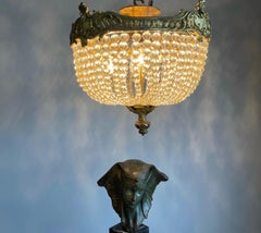 Antique French Gilt Bronze and Beaded Crystal Glass 3-Light Flush Mount, Fixture