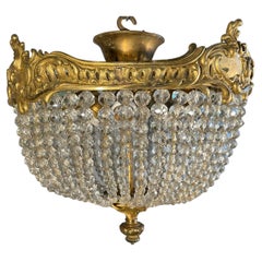 Antique French Gilt Bronze and Beaded Crystal Glass 3-Light Flush Mount, Fixture
