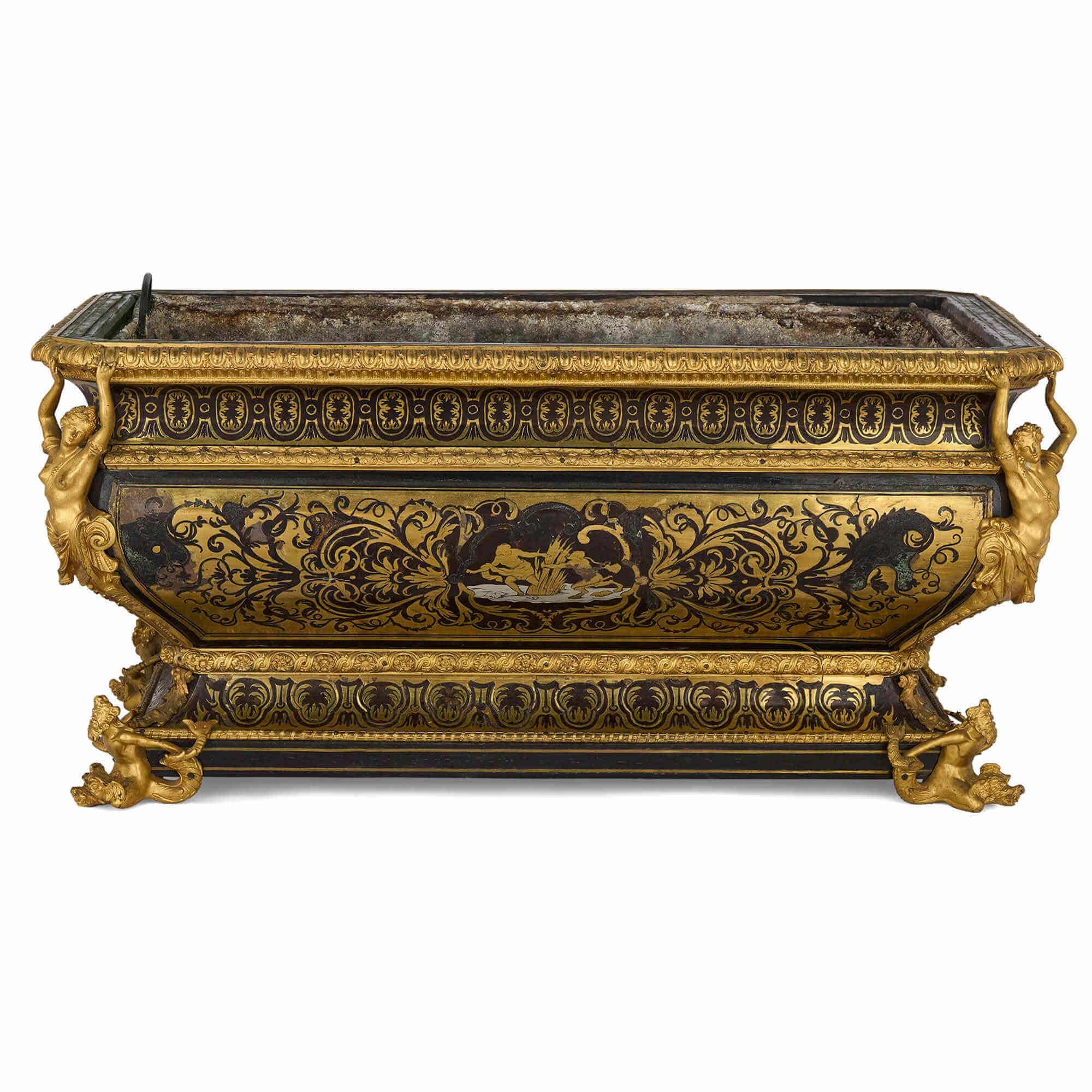 Antique French gilt bronze and Boulle marquetry jardinière
French, Late 19th Century 
Height 38cm, width 78cm, depth 45cm

This superb jardinière is crafted using several complex techniques, most notably Boulle marquetry popularised by the famous