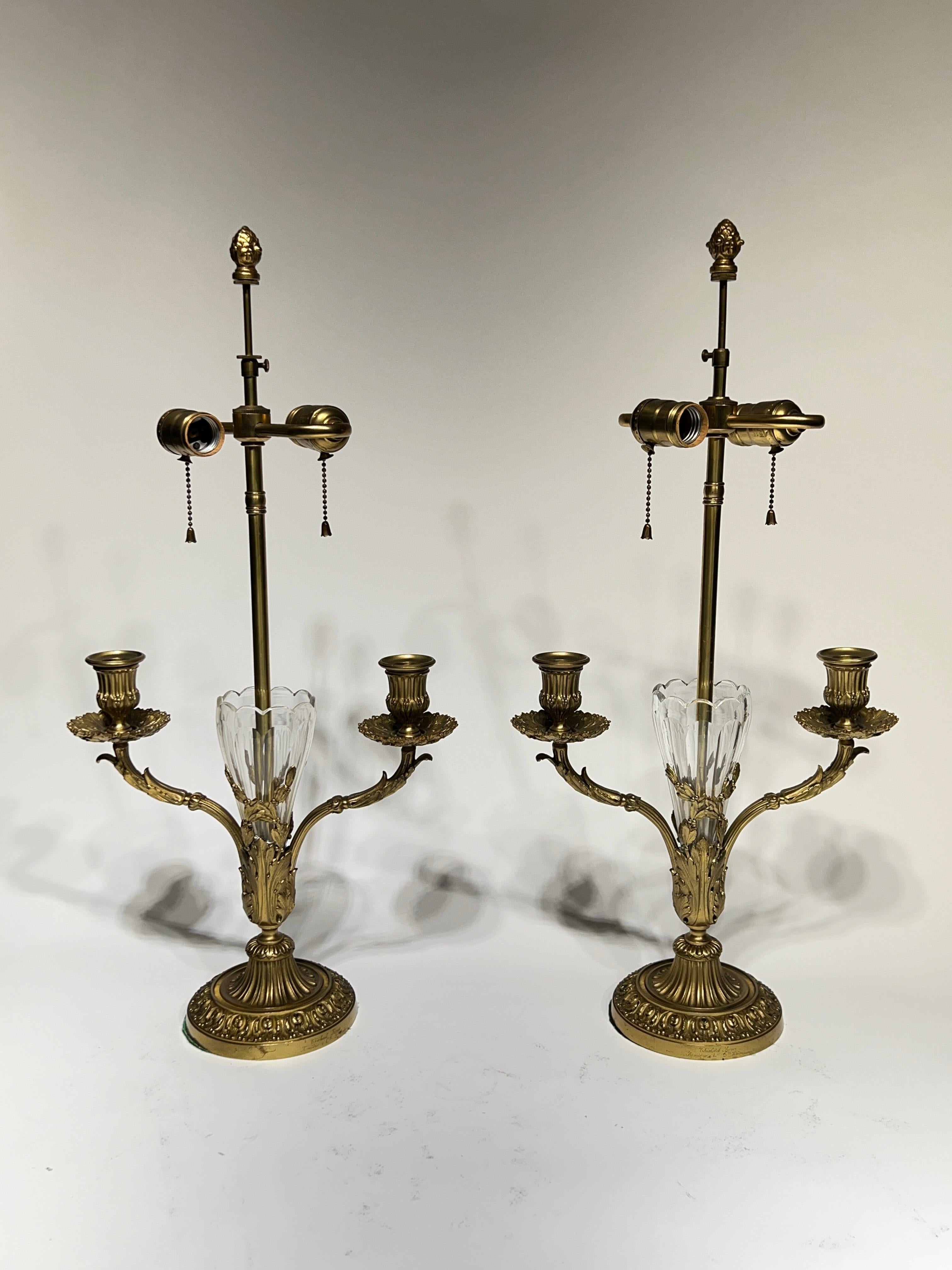 Antique French Gilt Bronze and Crystal Glass Table Lamps In Good Condition In New York, NY