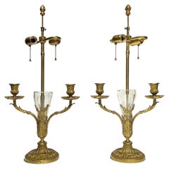 Antique French Gilt Bronze and Crystal Glass Table Lamps