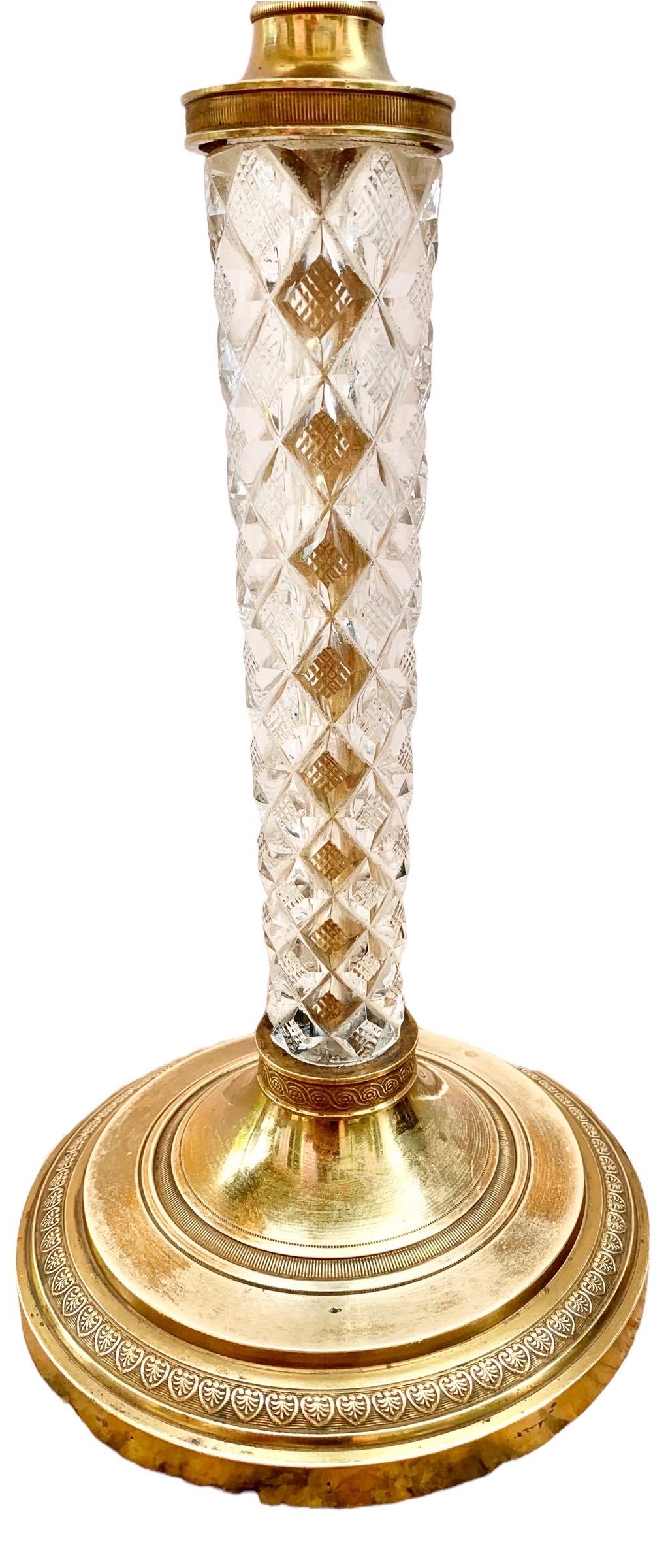 20th Century Antique French Gilt Bronze and Cut Crystal Candlestick Lamp