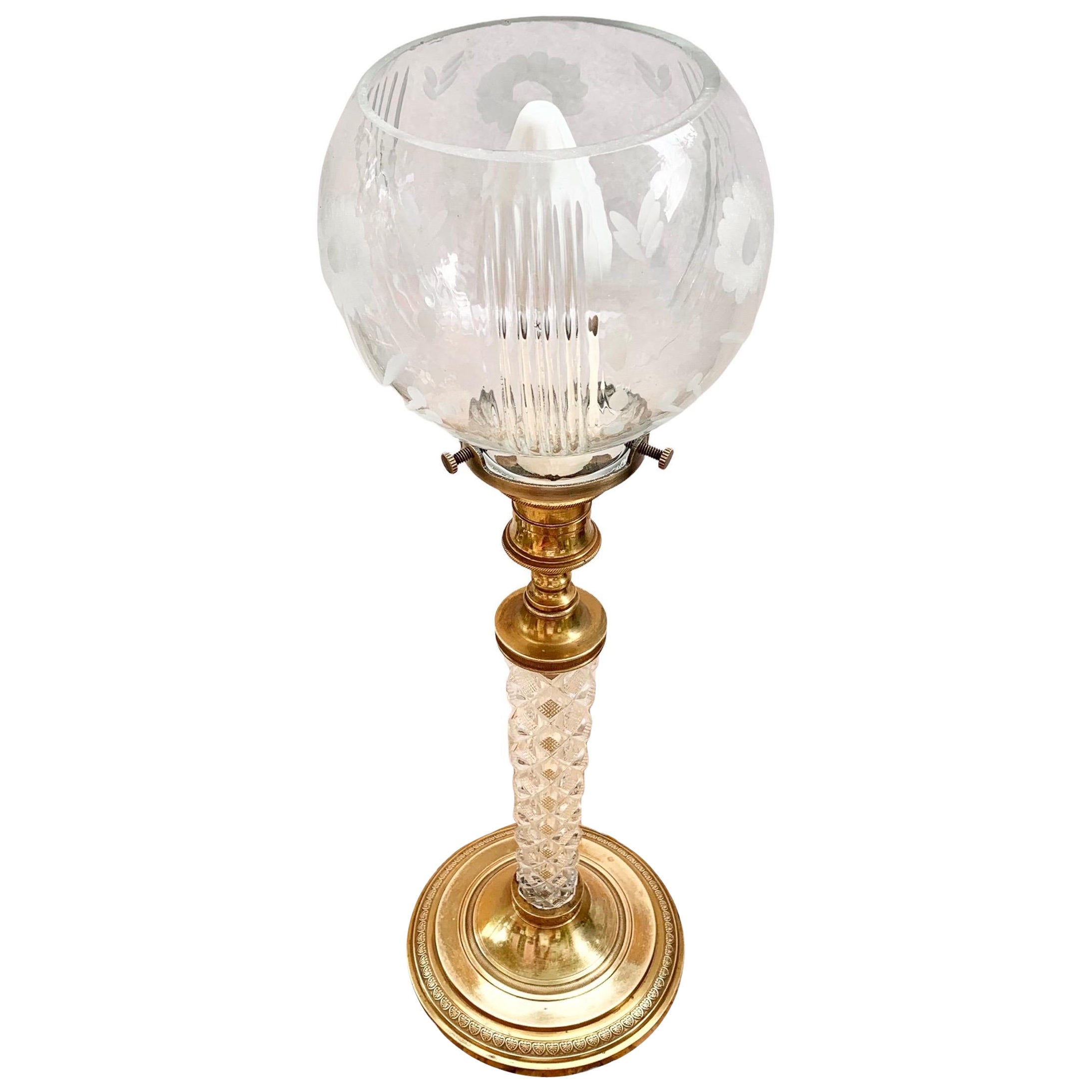 Antique French Gilt Bronze and Cut Crystal Candlestick Lamp