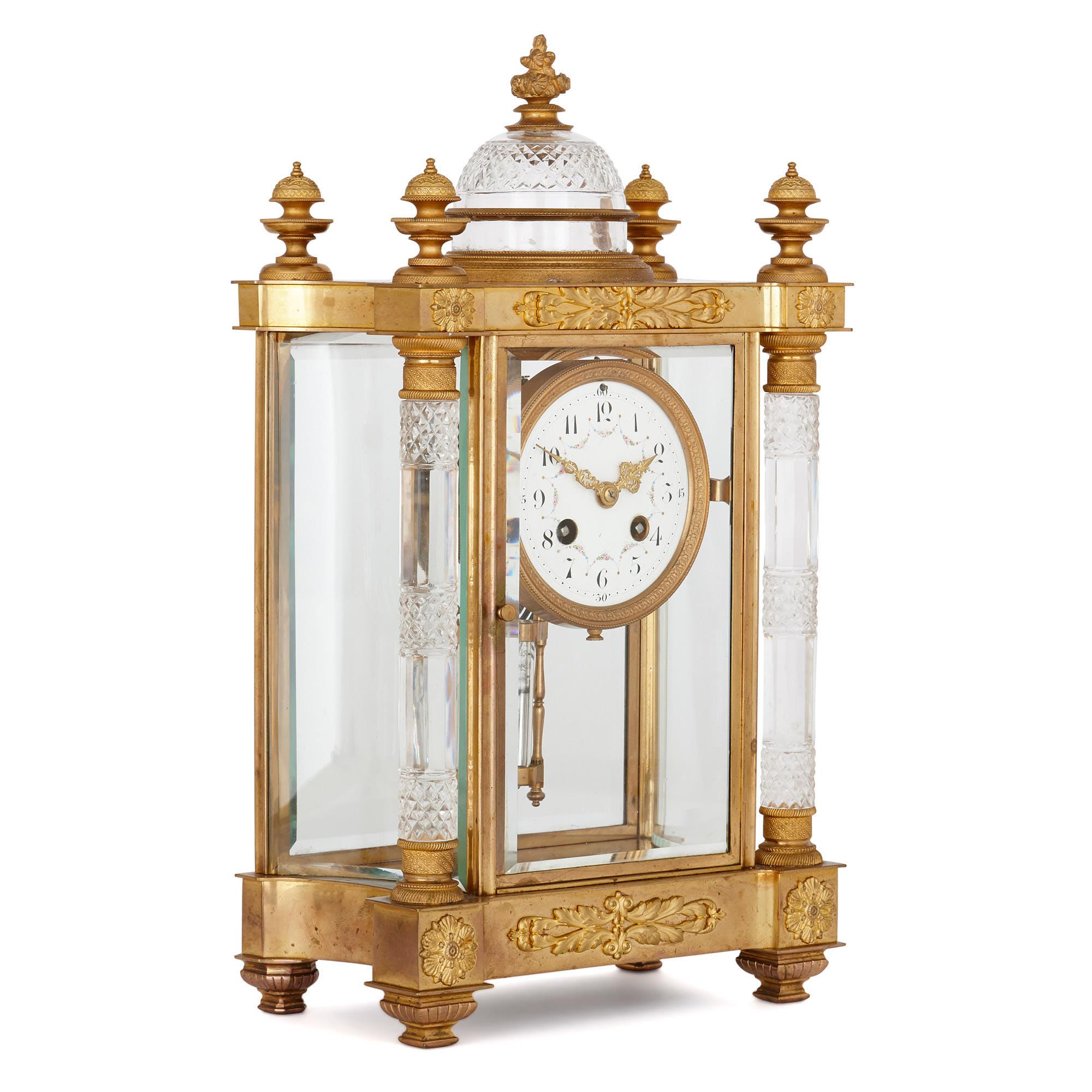 Neoclassical Antique French Gilt Bronze and Cut Glass Clock Set For Sale