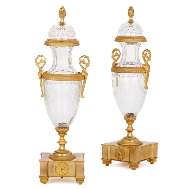 Antique French Gilt Bronze and Cut Glass Clock Set For Sale 1