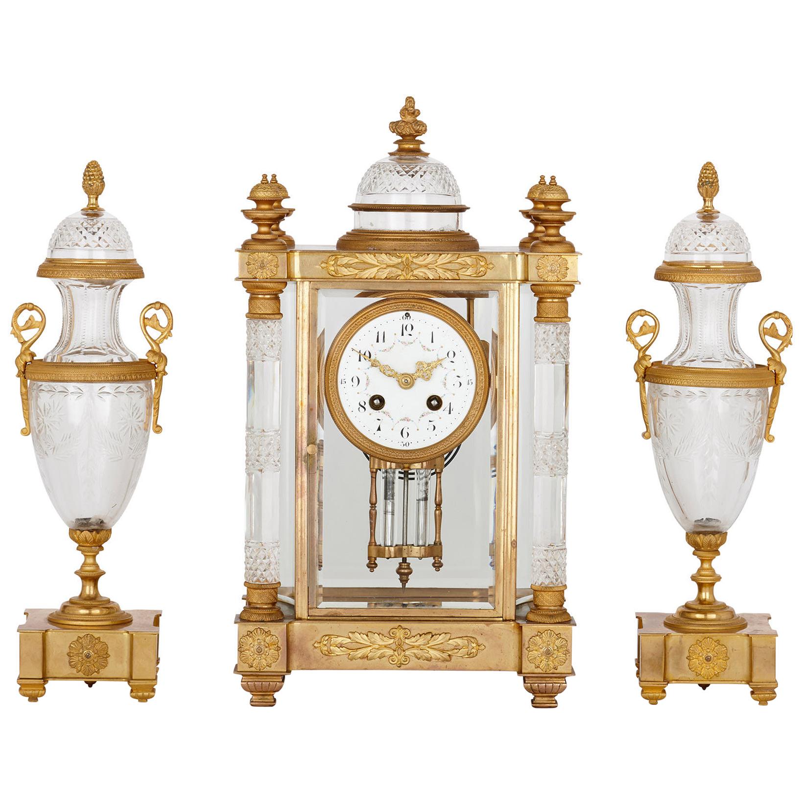 Antique French Gilt Bronze and Cut Glass Clock Set For Sale