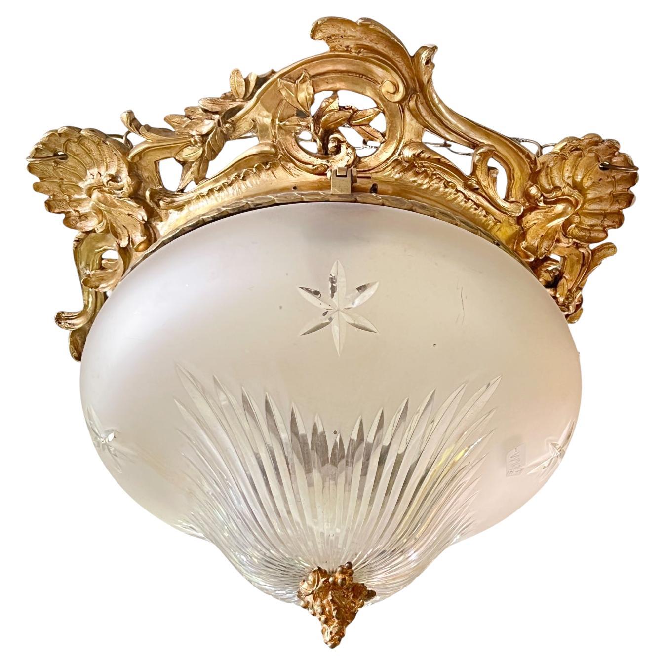 Antique French, bronzo dorato e vetro inciso, lampadario a sospensione ad incasso in vendita