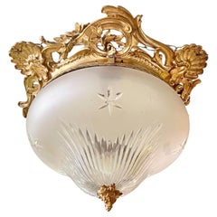 Antique French Gilt Bronze and Engraved Glass Pendant Flush Mount Chandelier