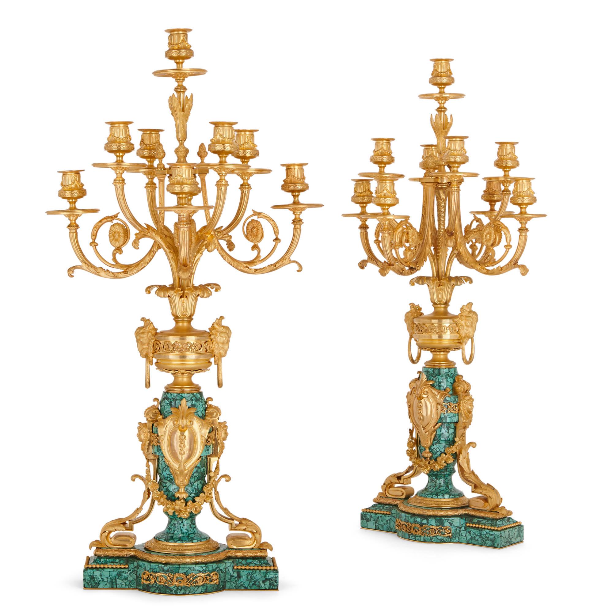19th Century Antique French Gilt Bronze and Malachite Clock Set For Sale