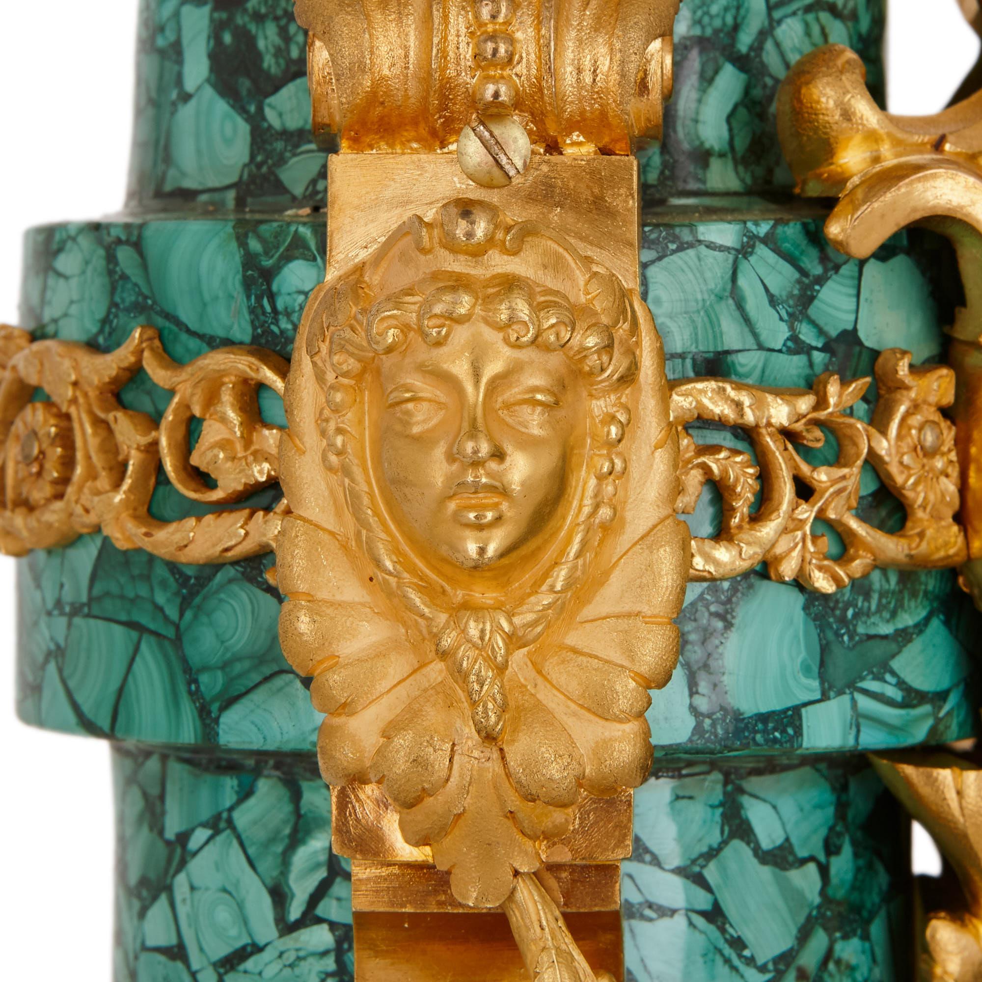 Antique French Gilt Bronze and Malachite Clock Set For Sale 2