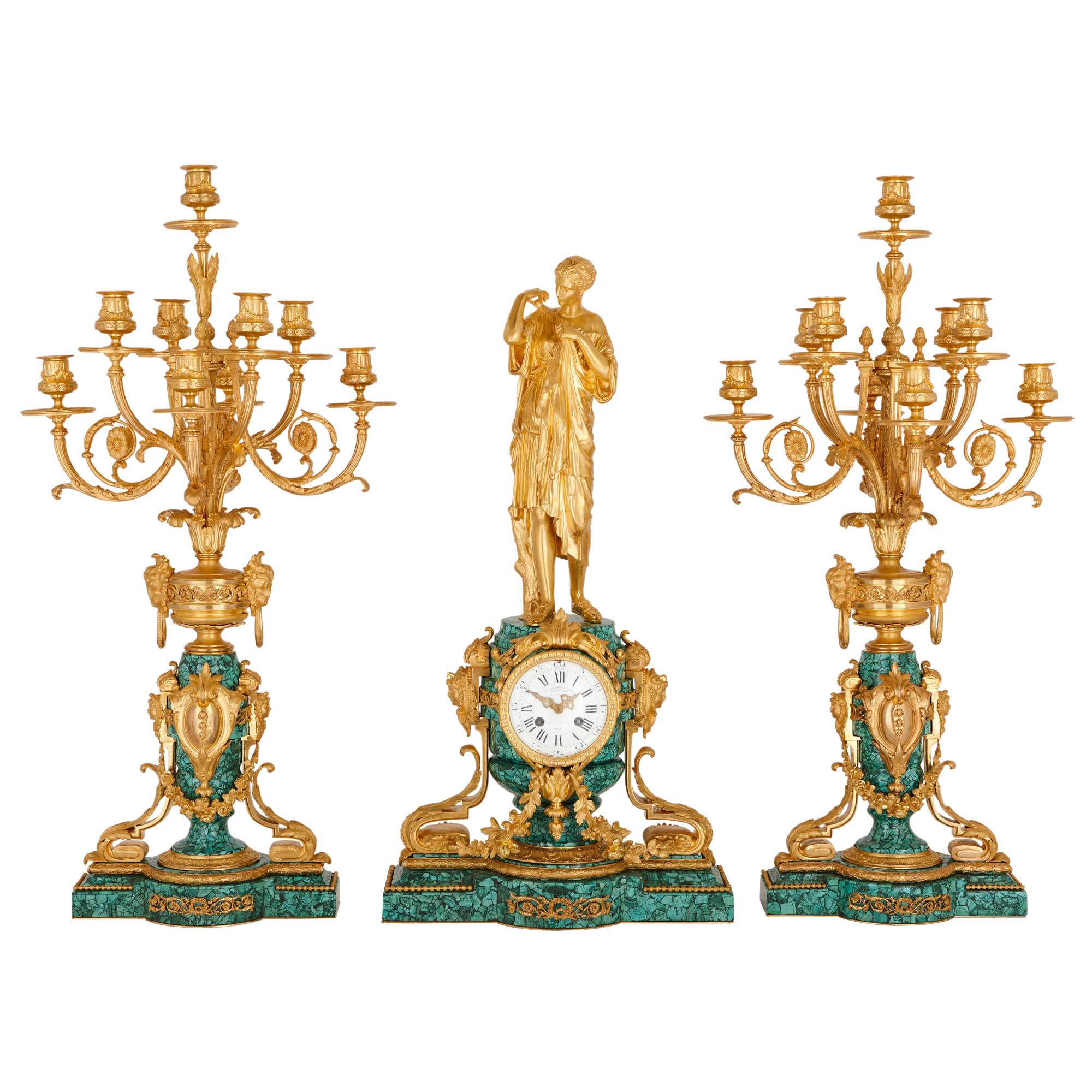 Antique French Gilt Bronze and Malachite Clock Set