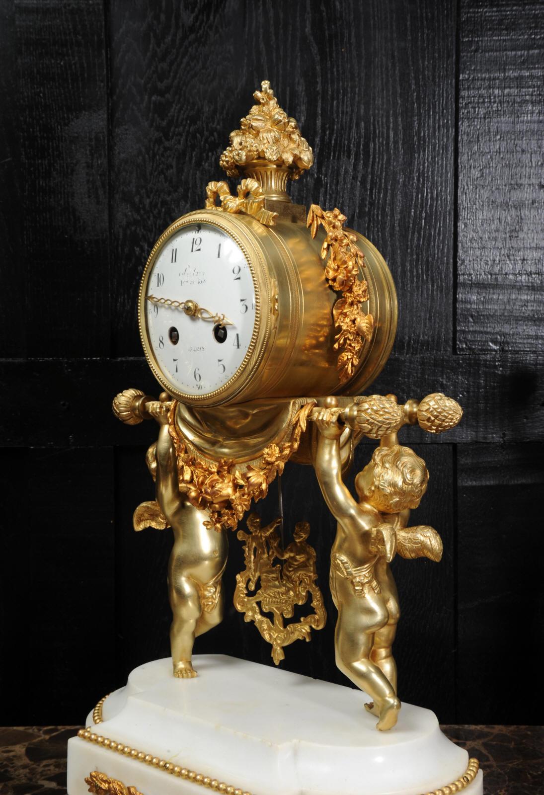 Antique French Gilt Bronze and Marble Cherub Clock Set with Visible Pendulum 5
