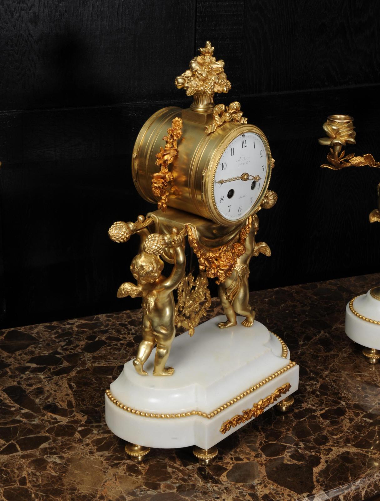 Antique French Gilt Bronze and Marble Cherub Clock Set with Visible Pendulum 6