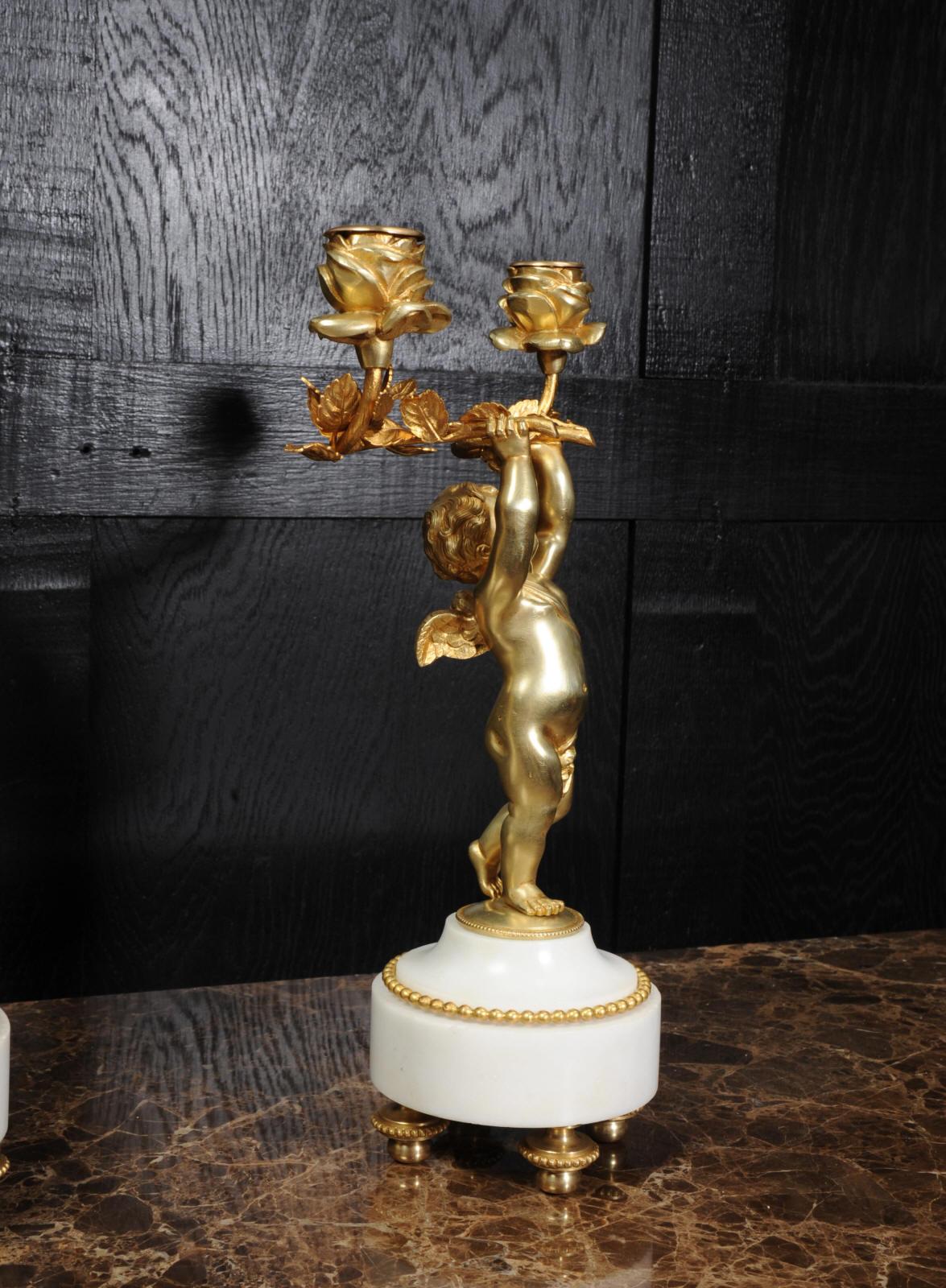 Antique French Gilt Bronze and Marble Cherub Clock Set with Visible Pendulum 9