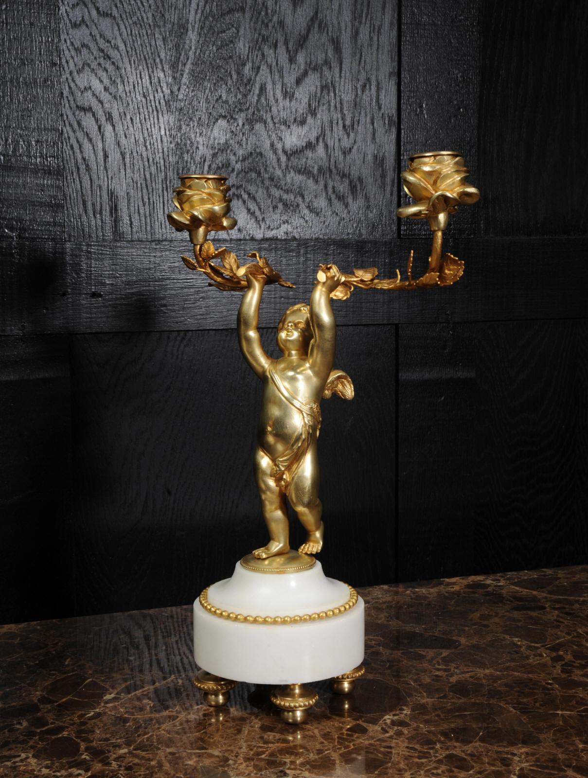 Antique French Gilt Bronze and Marble Cherub Clock Set with Visible Pendulum 10