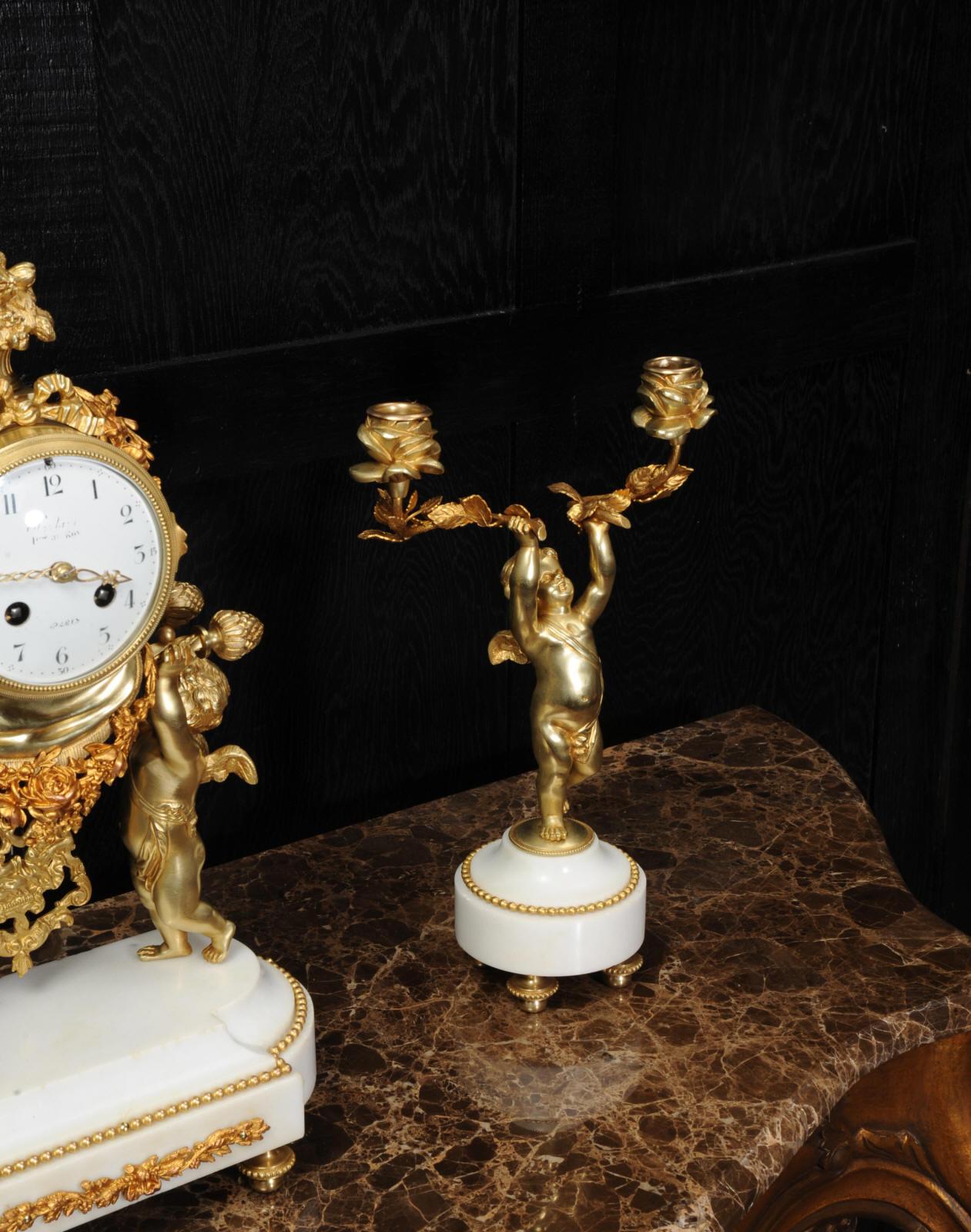 Antique French Gilt Bronze and Marble Cherub Clock Set with Visible Pendulum 11