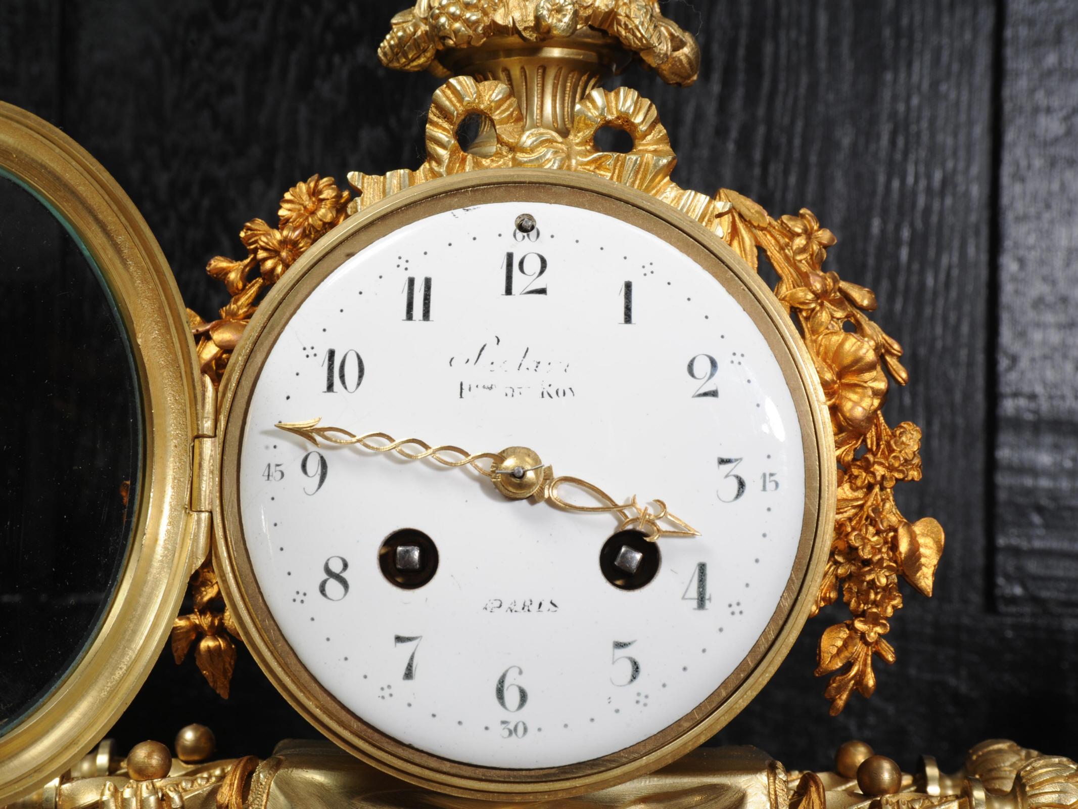 Antique French Gilt Bronze and Marble Cherub Clock Set with Visible Pendulum 12