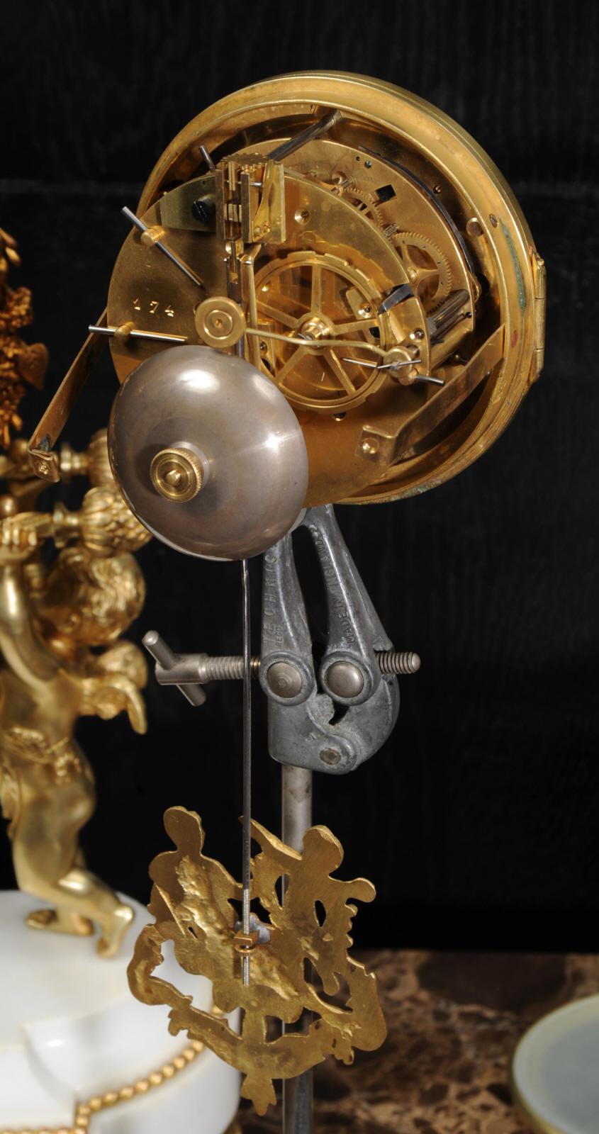 Antique French Gilt Bronze and Marble Cherub Clock Set with Visible Pendulum 14