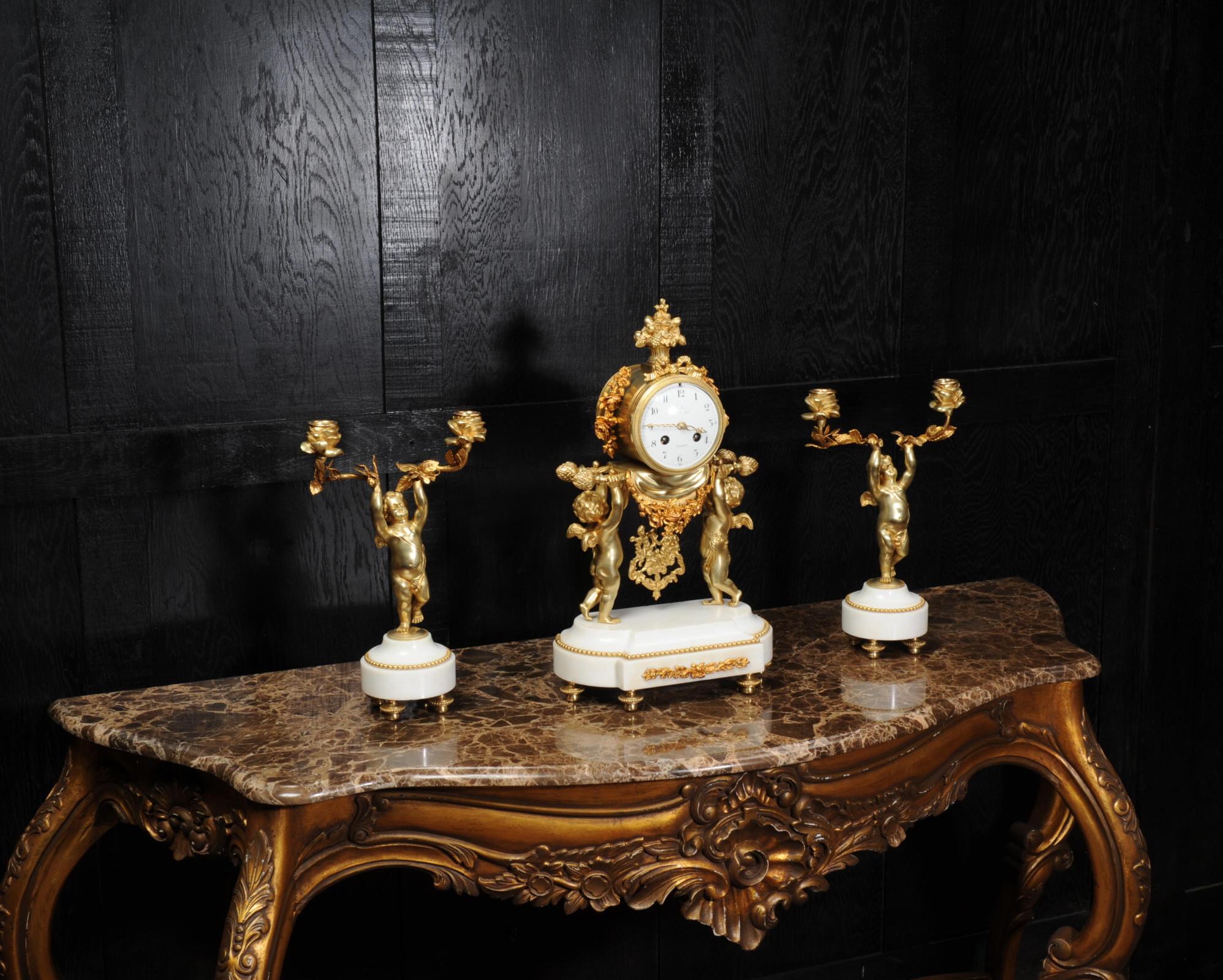 19th Century Antique French Gilt Bronze and Marble Cherub Clock Set with Visible Pendulum