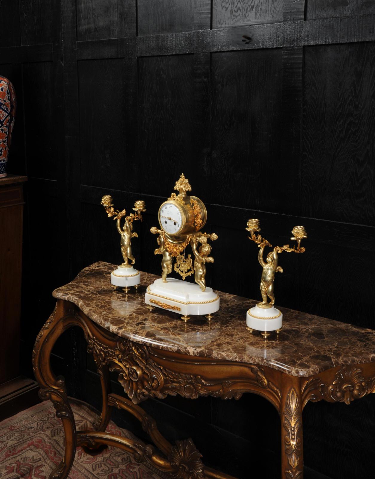 Antique French Gilt Bronze and Marble Cherub Clock Set with Visible Pendulum 1