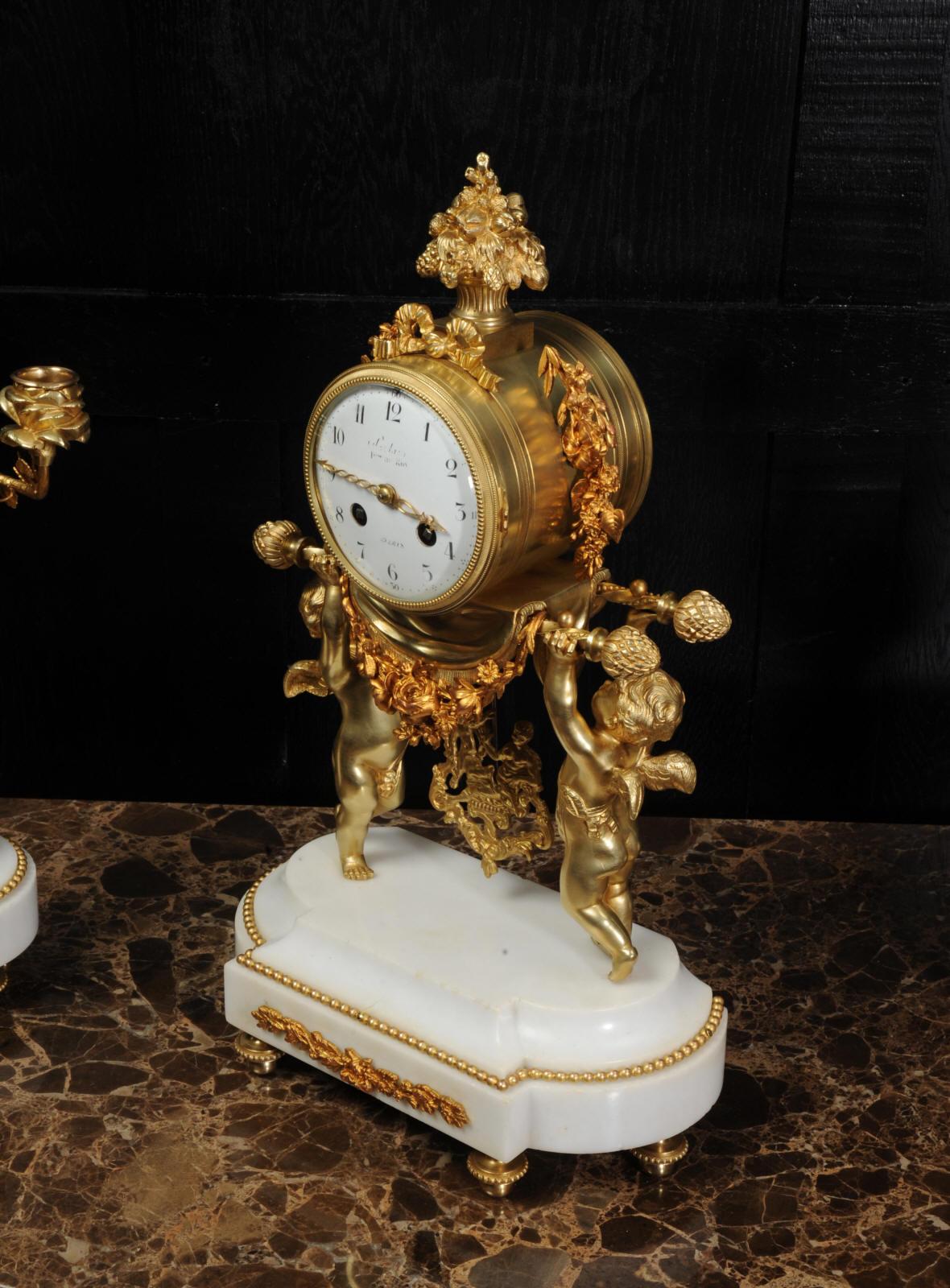 Antique French Gilt Bronze and Marble Cherub Clock Set with Visible Pendulum 2