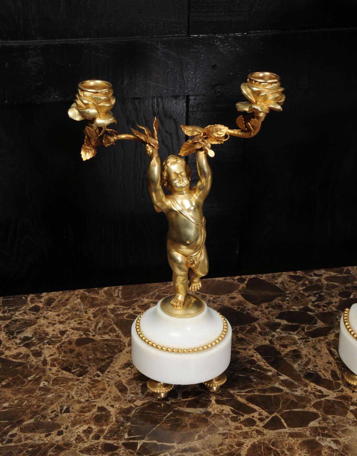 Antique French Gilt Bronze and Marble Cherub Clock Set with Visible Pendulum 3