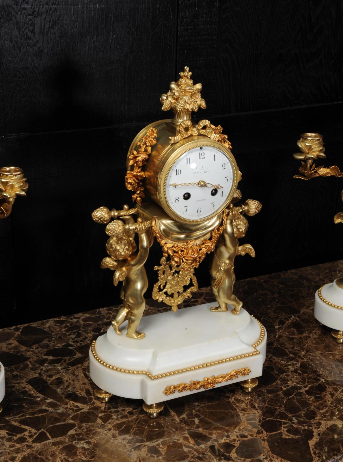 Antique French Gilt Bronze and Marble Cherub Clock Set with Visible Pendulum 4