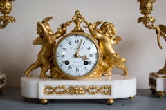 Antique French Gilt Bronze and Marble Clock and Candelabra Set