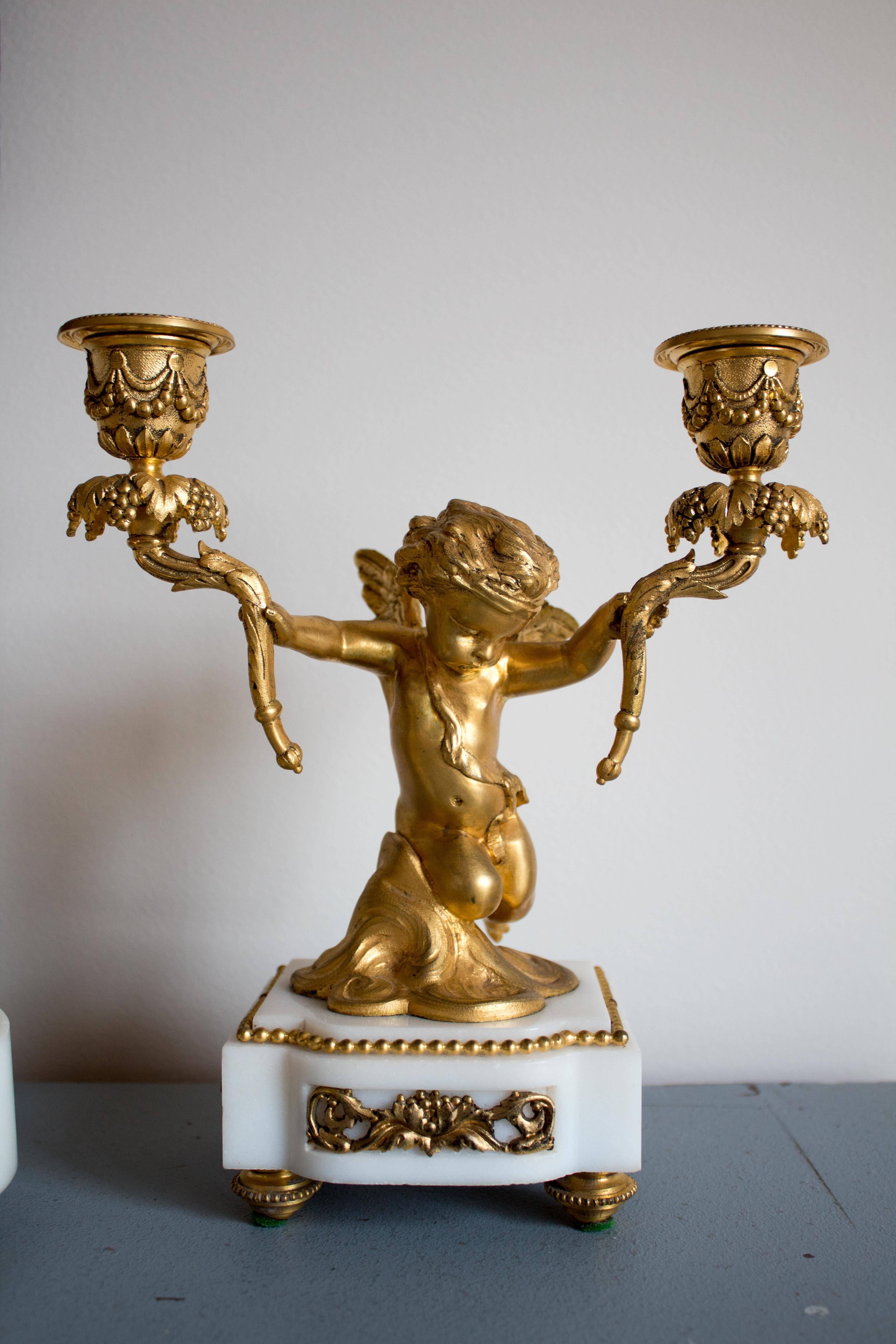 Antique French Gilt Bronze and Marble Clock and Candelabra Set For Sale 2