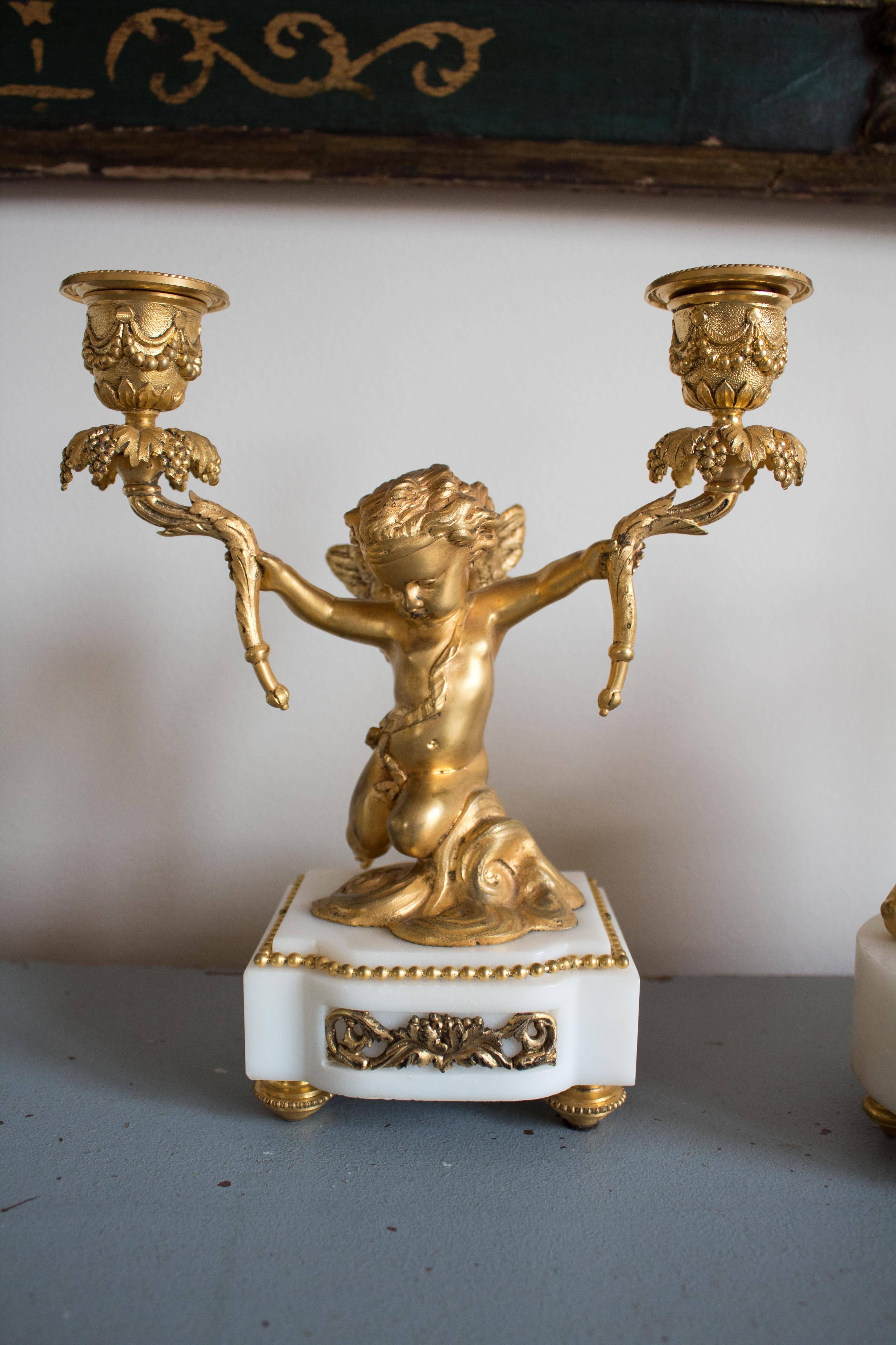 Antique French Gilt Bronze and Marble Clock and Candelabra Set For Sale 3