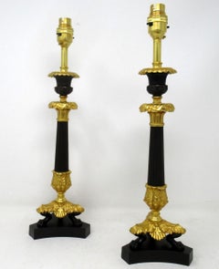 Antique French Gilt Bronze and Ormolu Corinthian Column Candlestick Lamps Pair
