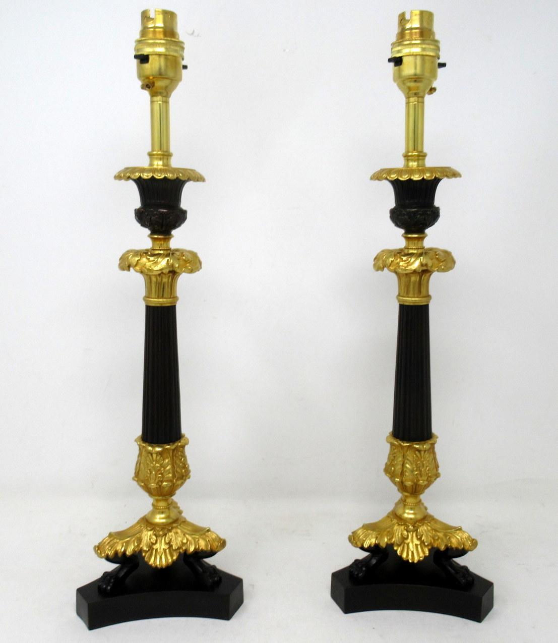 Early Victorian Antique French Gilt Bronze and Ormolu Corinthian Column Candlestick Lamps Pair