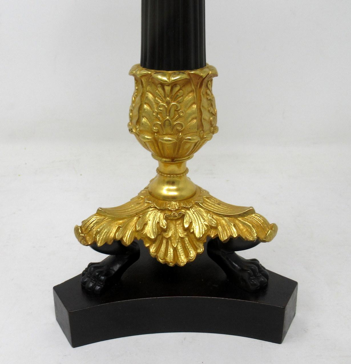 Antique French Gilt Bronze and Ormolu Corinthian Column Candlestick Lamps Pair 2