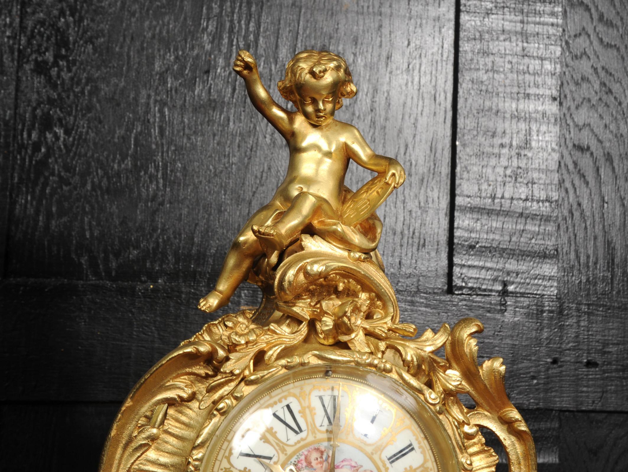 Antique French Gilt Bronze and Sevres Porcelain Clock - Fully Working For Sale 4
