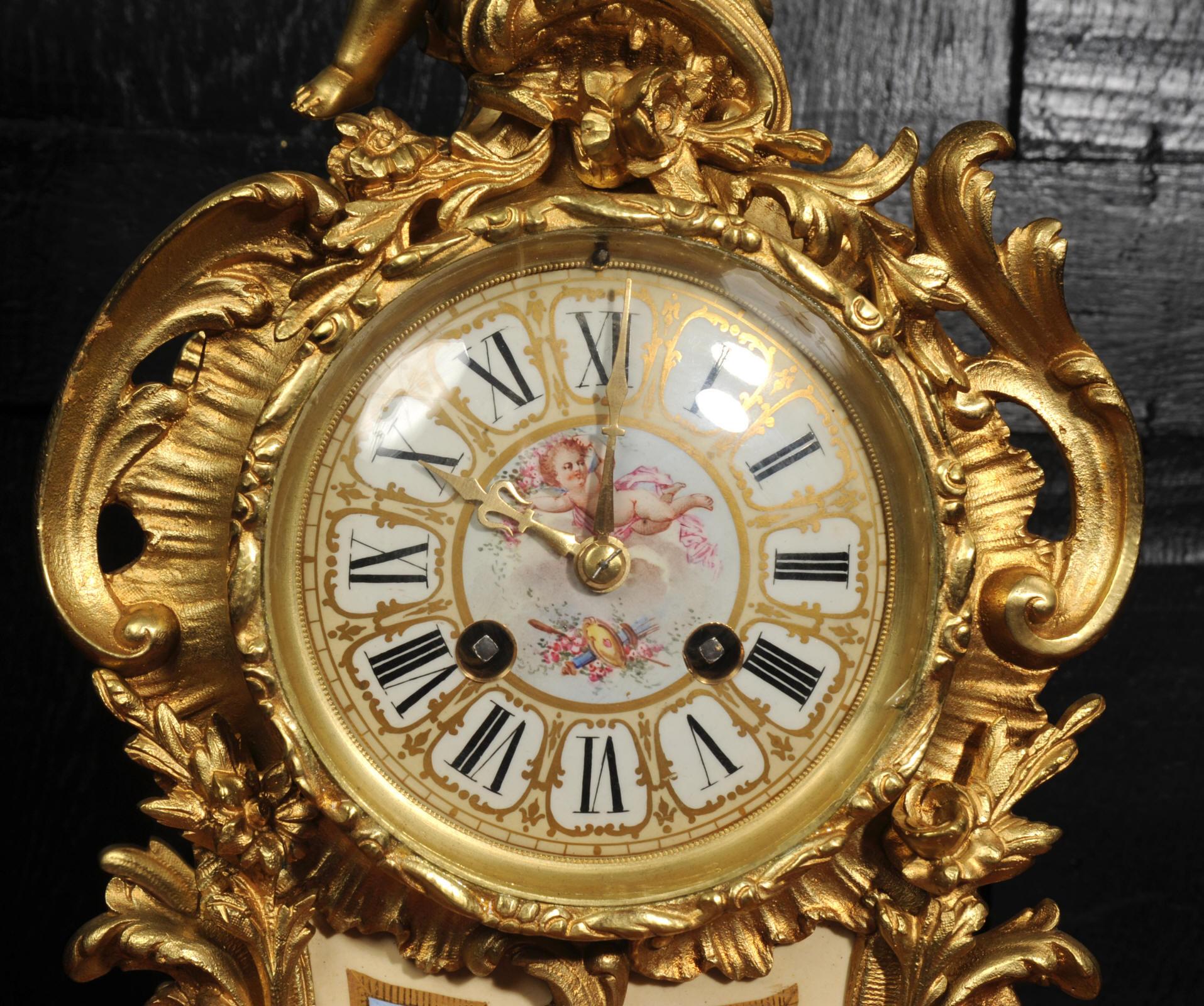 Antique French Gilt Bronze and Sevres Porcelain Clock - Fully Working For Sale 6