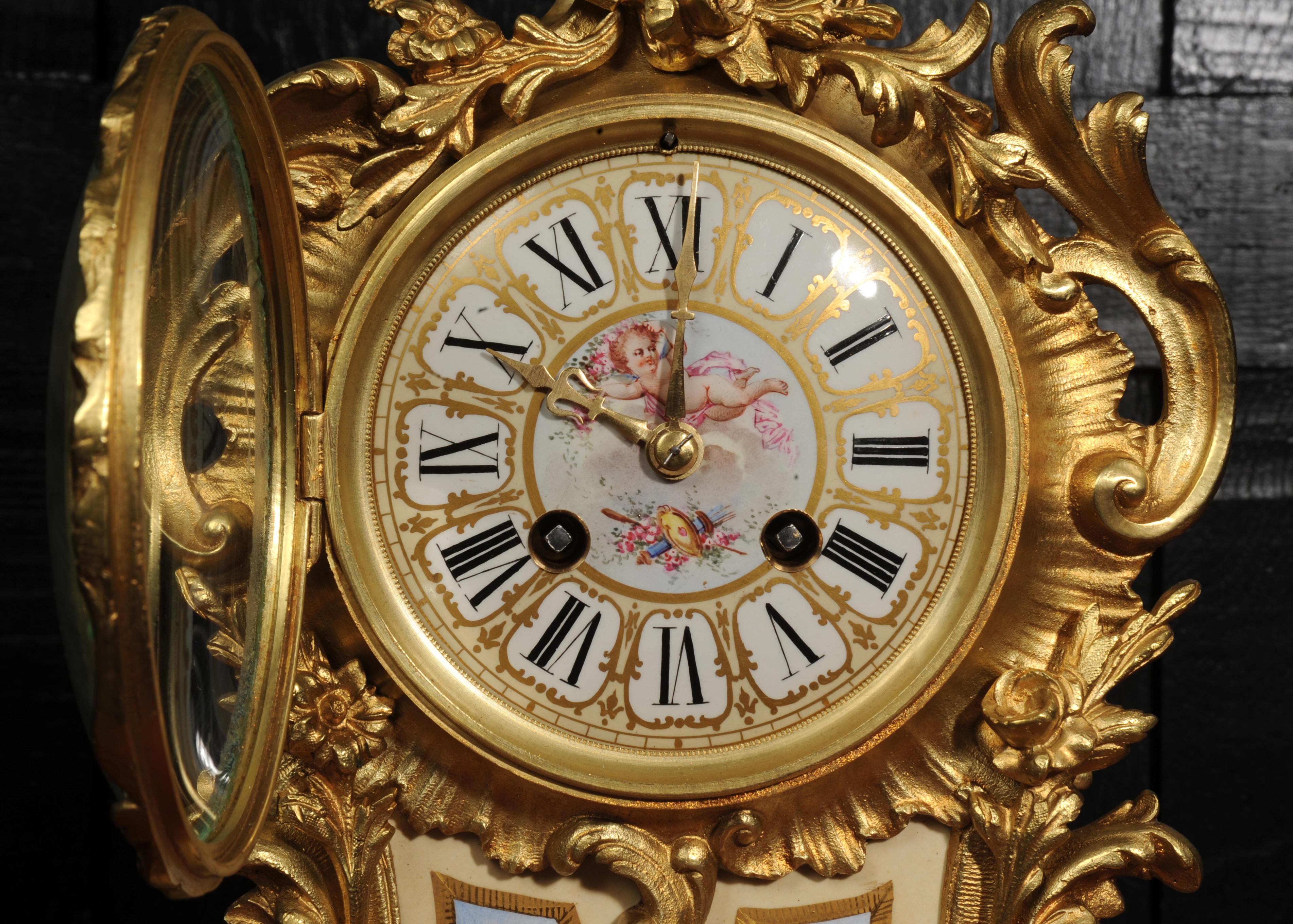 Antique French Gilt Bronze and Sevres Porcelain Clock - Fully Working For Sale 7