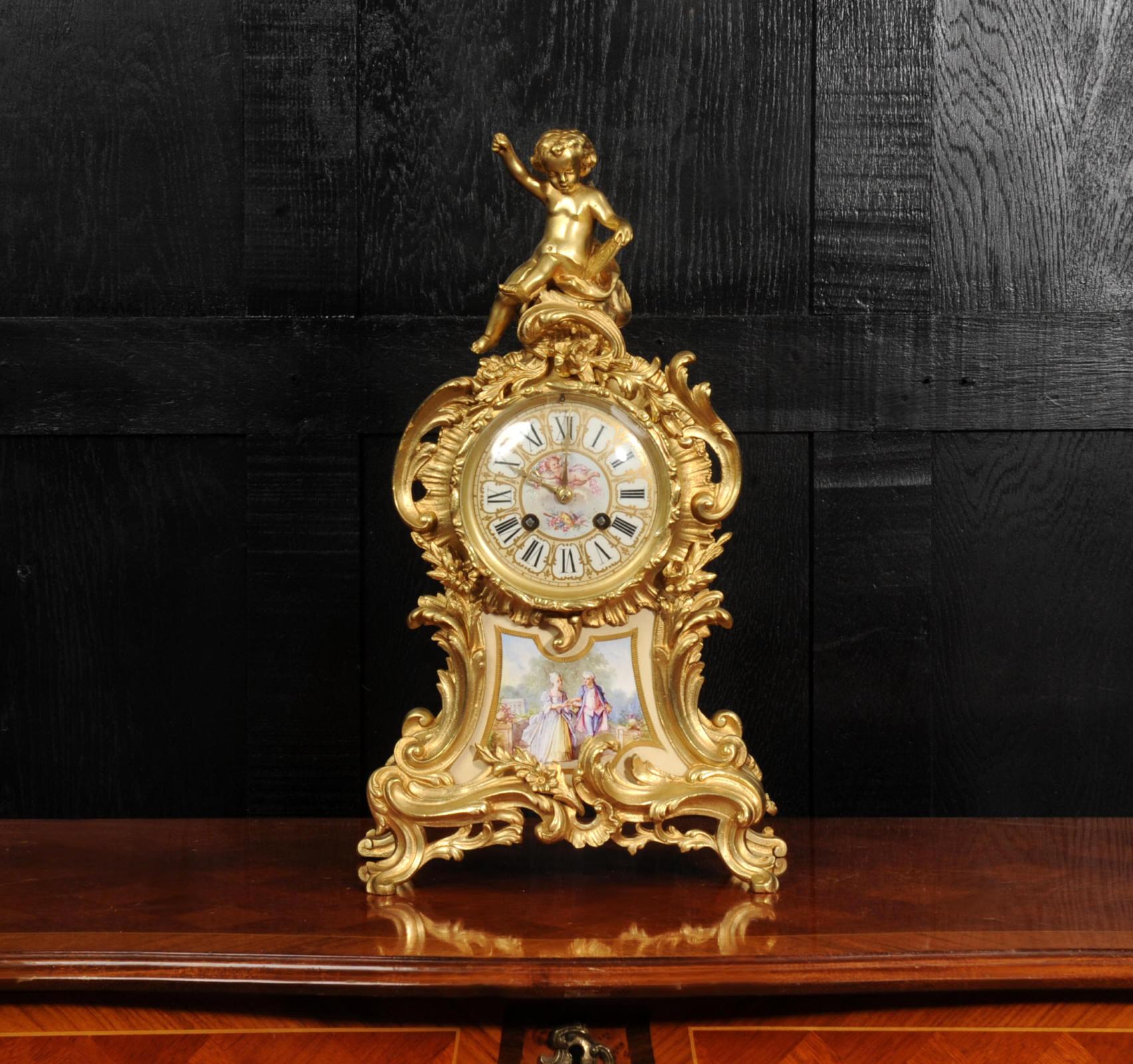 Rococo Revival Antique French Gilt Bronze and Sevres Porcelain Clock - Fully Working For Sale