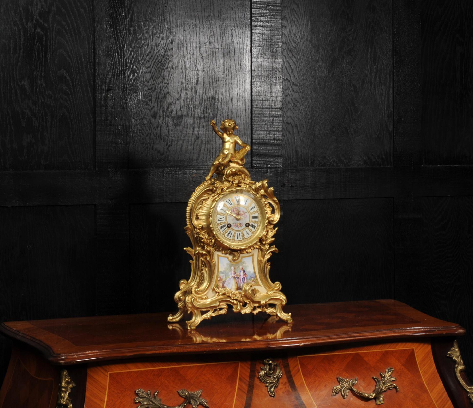 British Antique French Gilt Bronze and Sevres Porcelain Clock - Fully Working For Sale