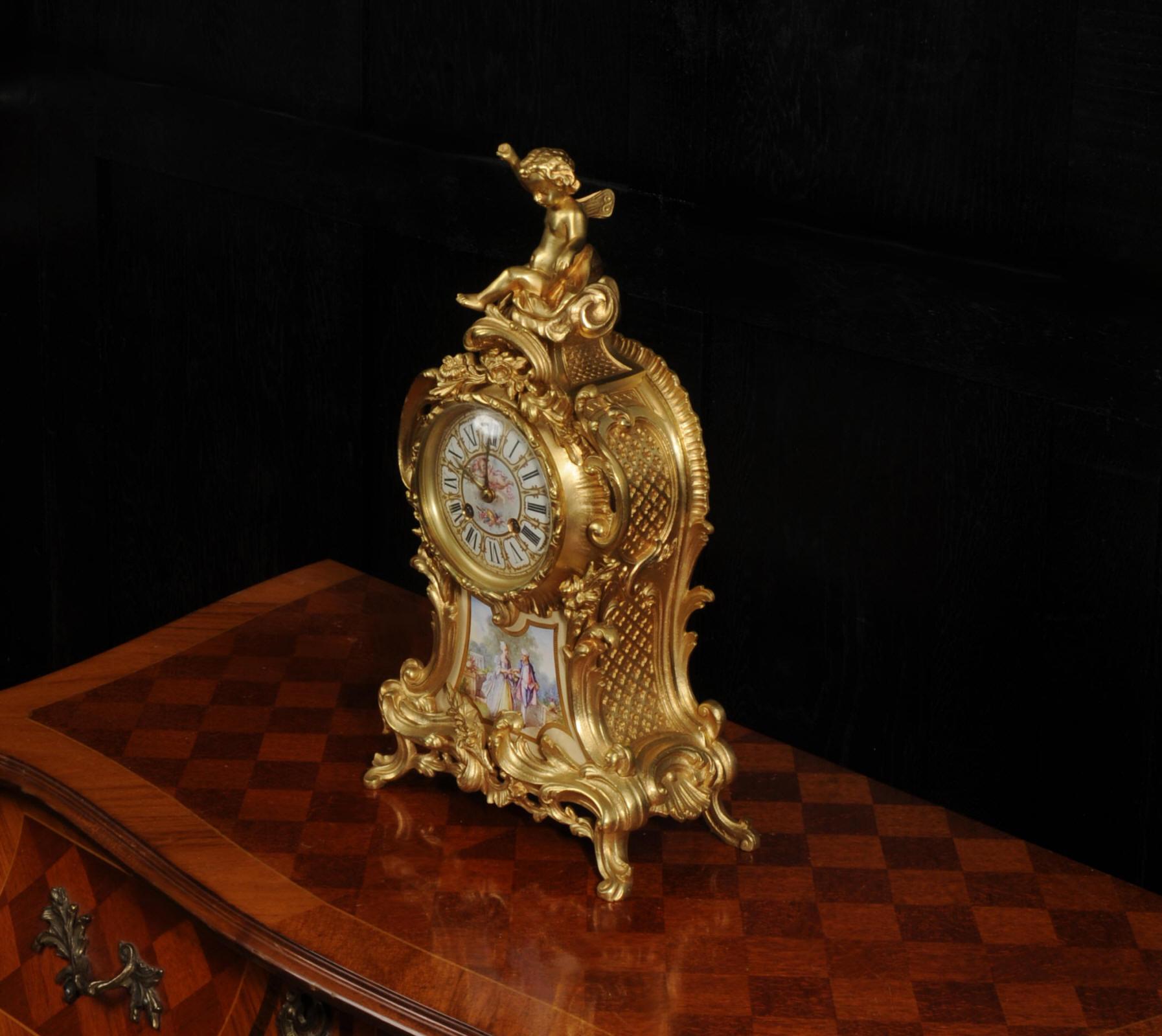 19th Century Antique French Gilt Bronze and Sevres Porcelain Clock - Fully Working For Sale