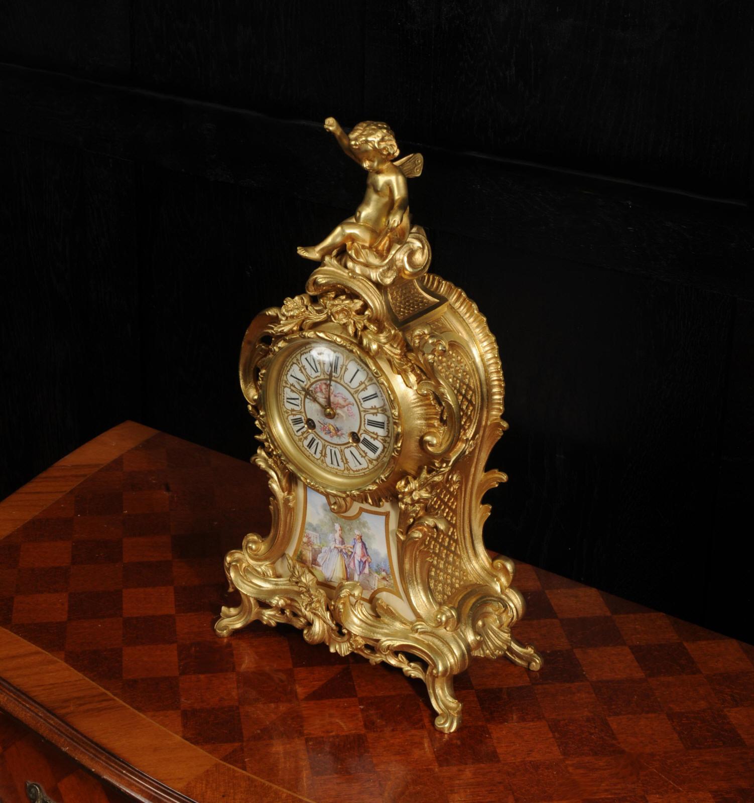 Antique French Gilt Bronze and Sevres Porcelain Clock - Fully Working For Sale 1