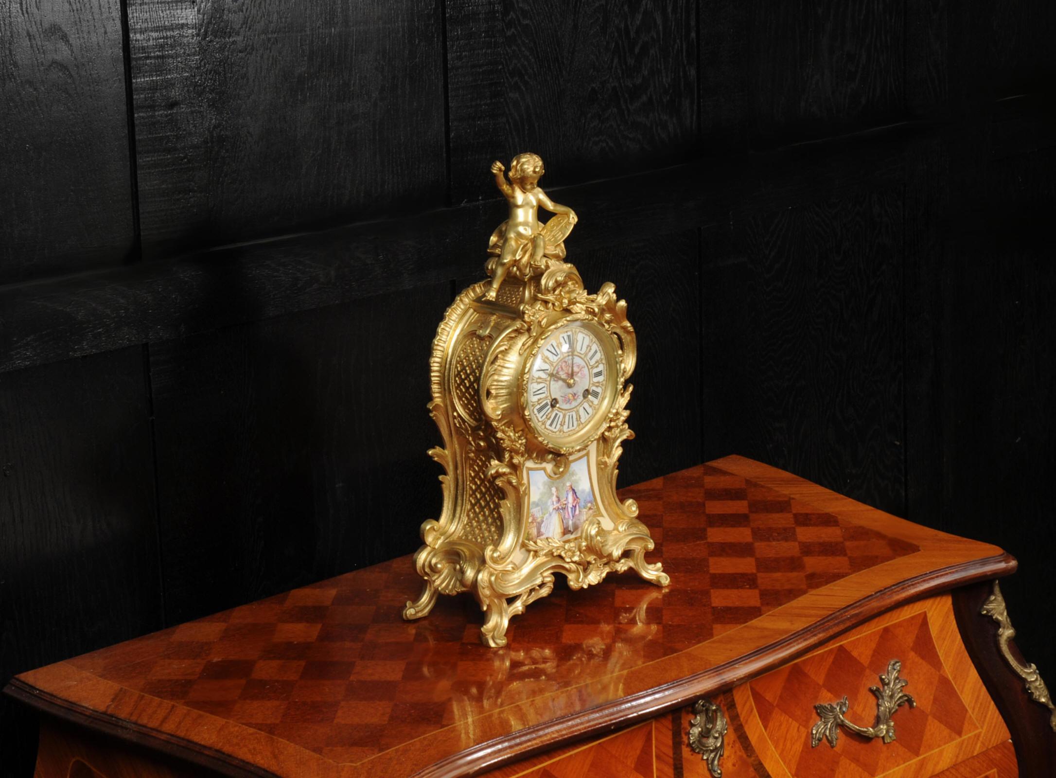 Antique French Gilt Bronze and Sevres Porcelain Clock - Fully Working For Sale 2