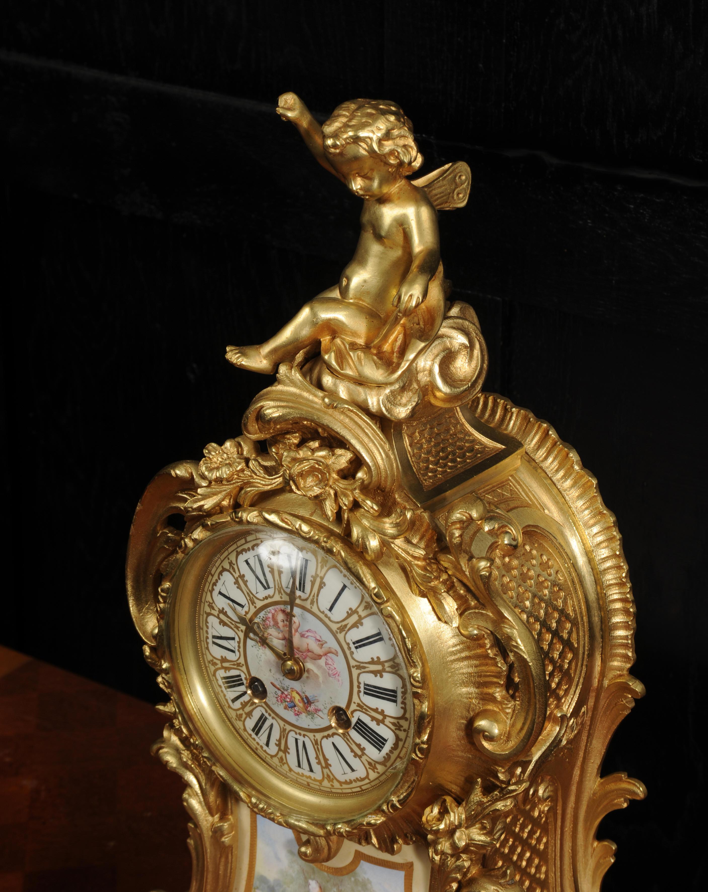 Antique French Gilt Bronze and Sevres Porcelain Clock - Fully Working For Sale 3