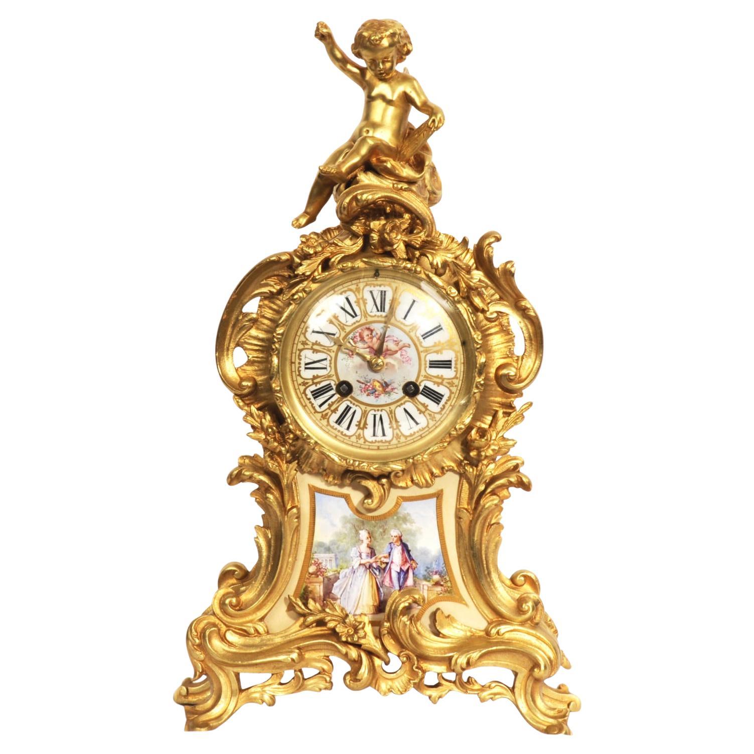 Antique French Gilt Bronze and Sevres Porcelain Clock - Fully Working For Sale