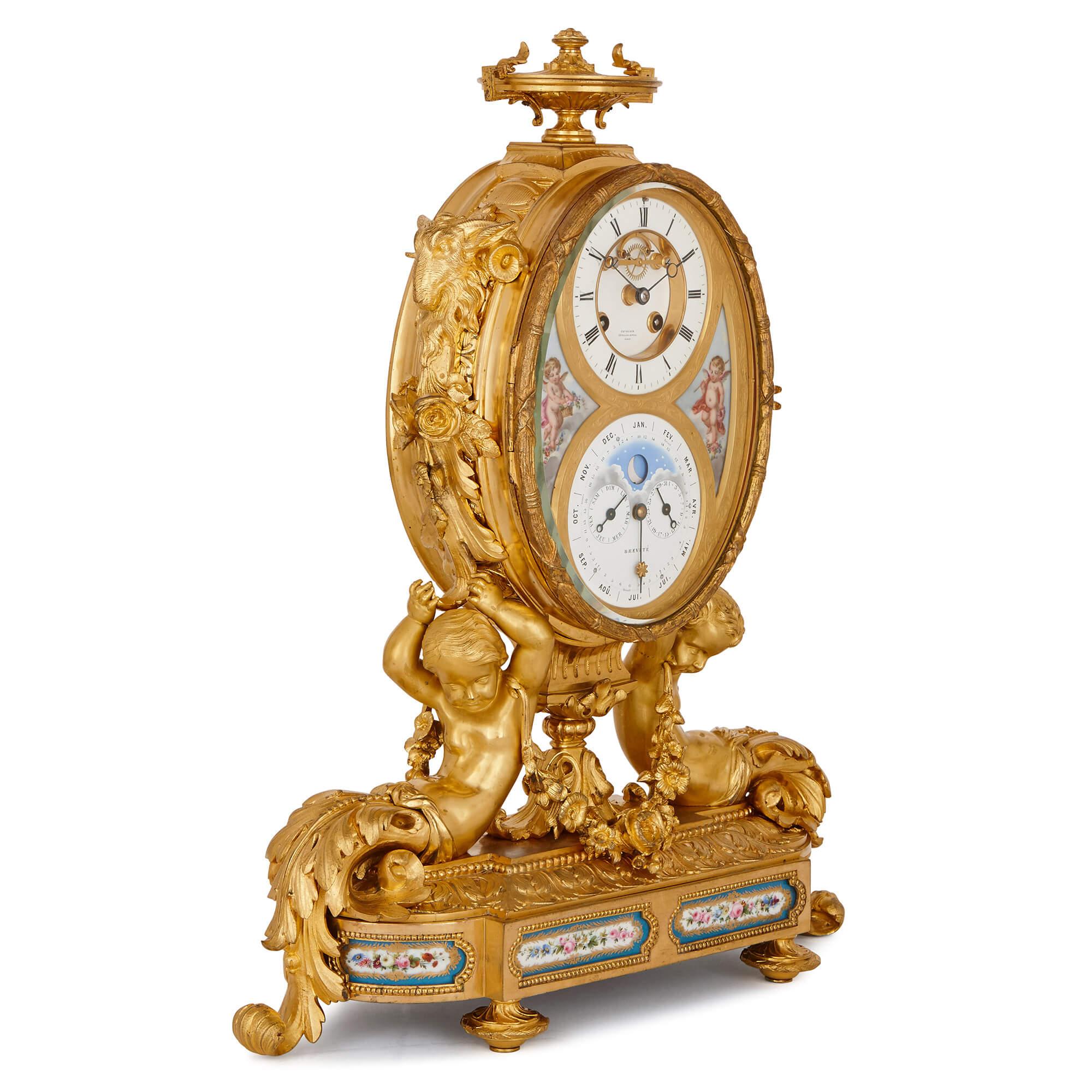 This sumptuous clock set is the work of the renowned Charles Oudin firm in Paris, and showcases exquisite bronze work, elegant design and a masterful clock mechanism. Charles Oudin, founder of the firm in the late 18th century, rose to prominence