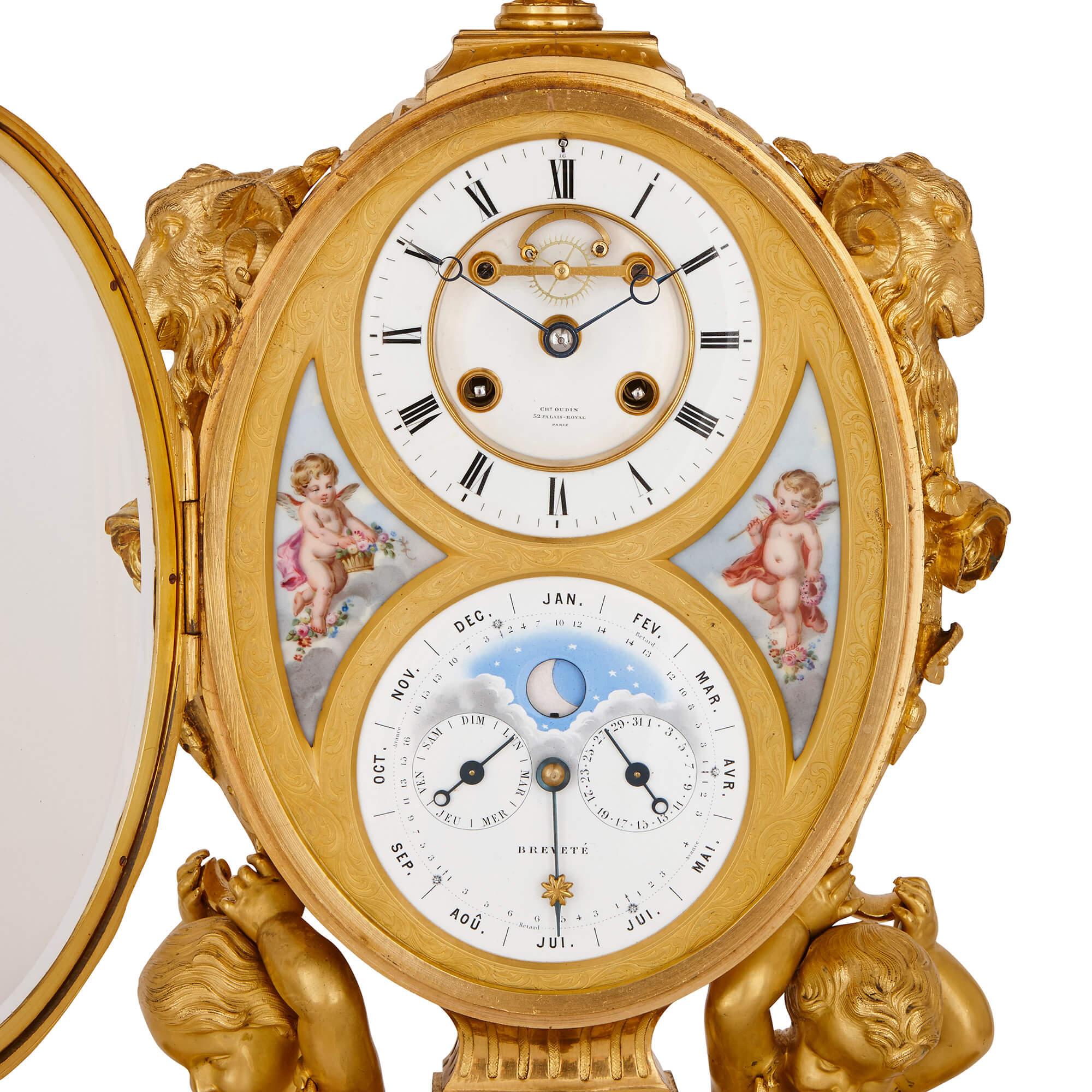 Louis XVI Antique French Gilt Bronze and Sèvres Style Porcelain Clock Set