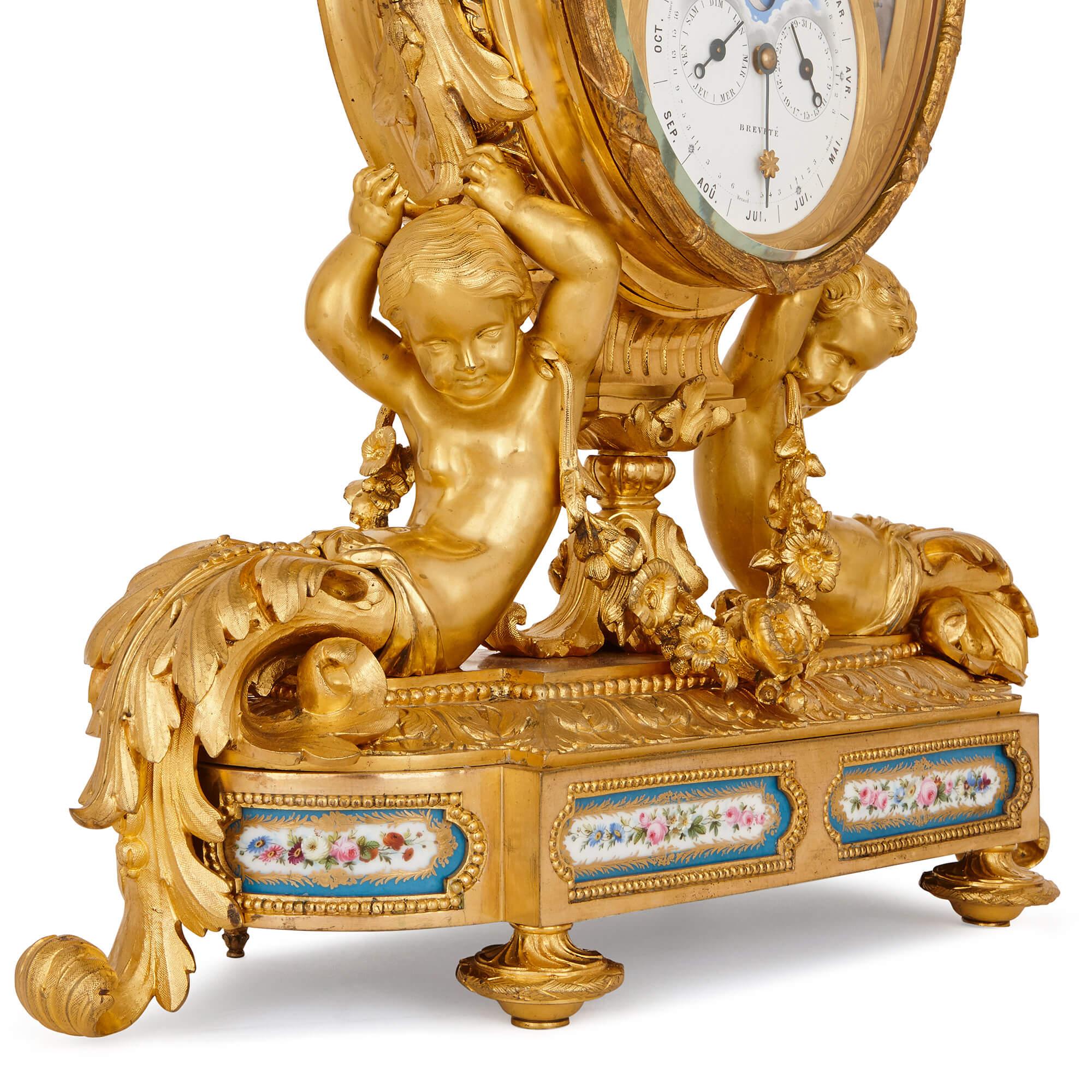 Antique French Gilt Bronze and Sèvres Style Porcelain Clock Set In Excellent Condition In London, GB