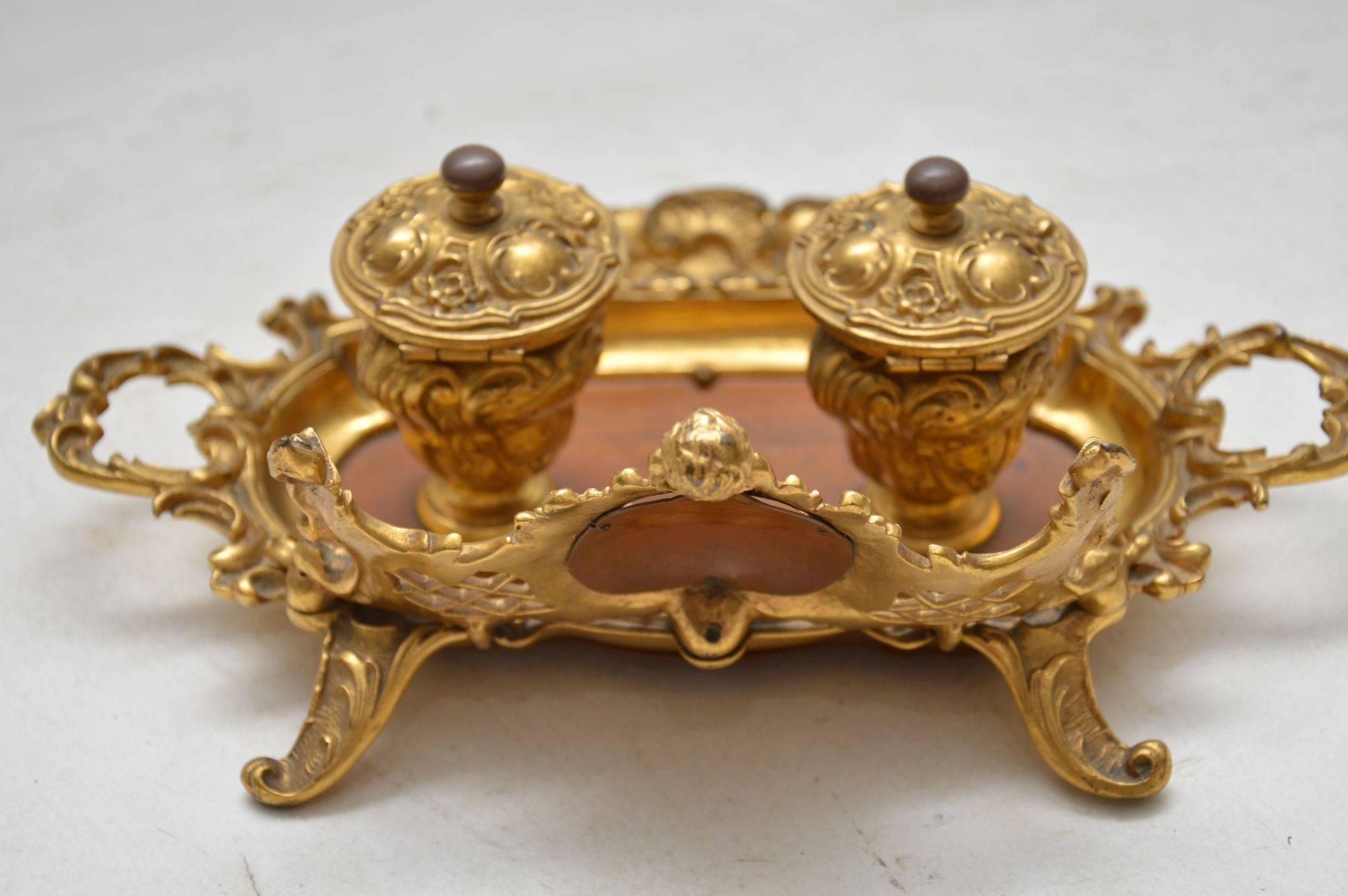 Antique French Gilt Bronze and Walnut Inkwell 4