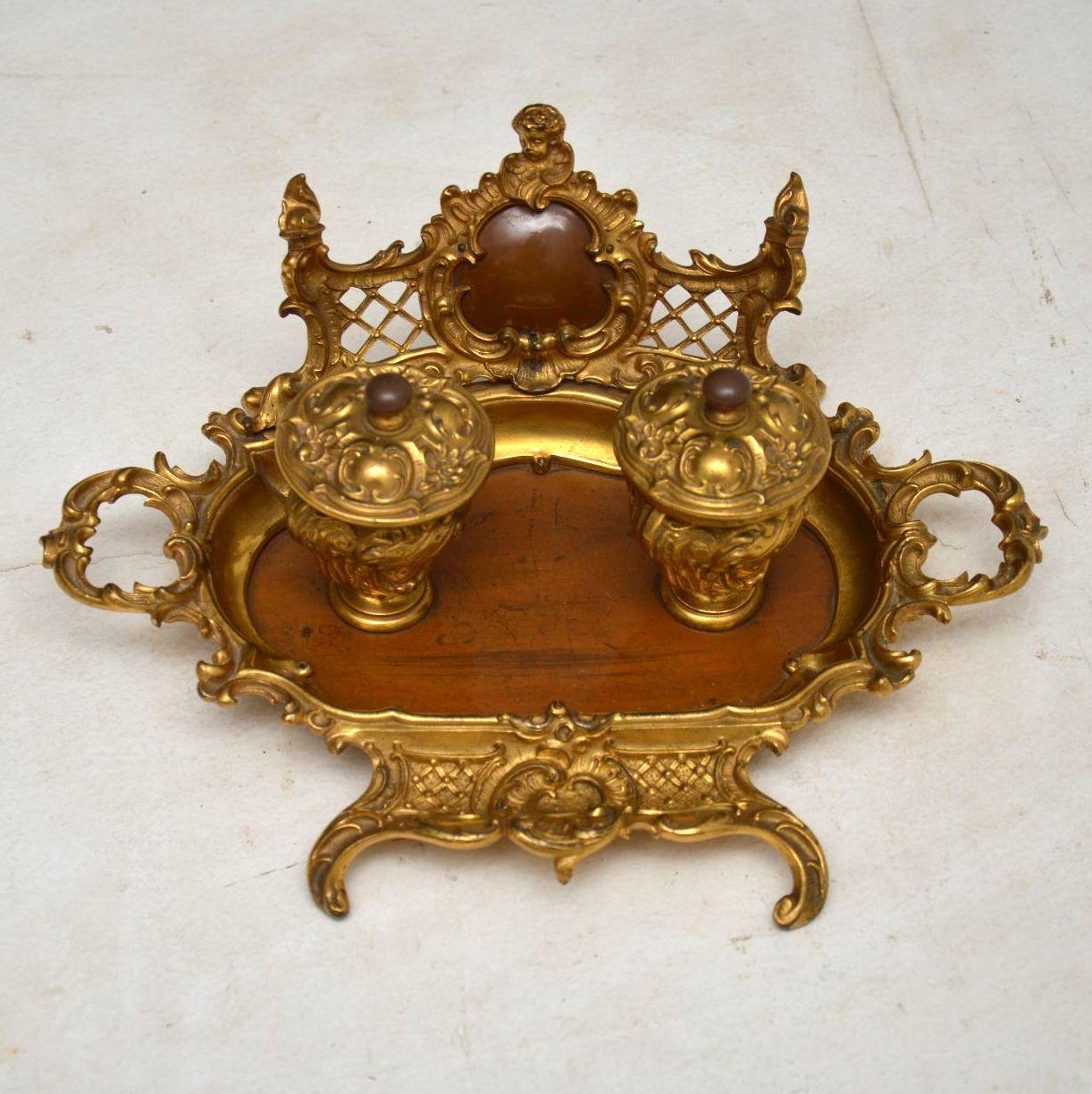 Louis XVI Antique French Gilt Bronze and Walnut Inkwell